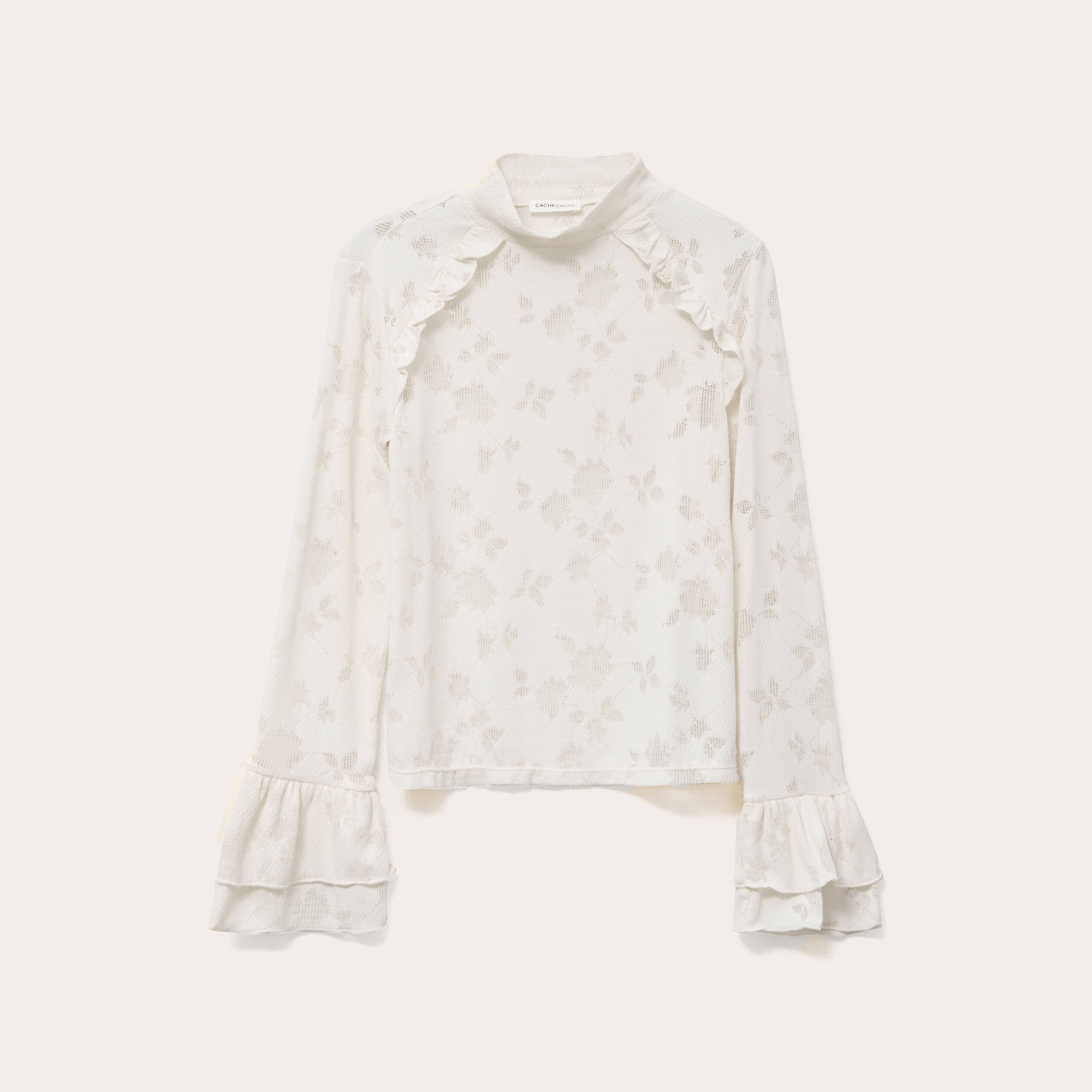 Blouse ajour&eacute;e col montant dentelle ivoire femme