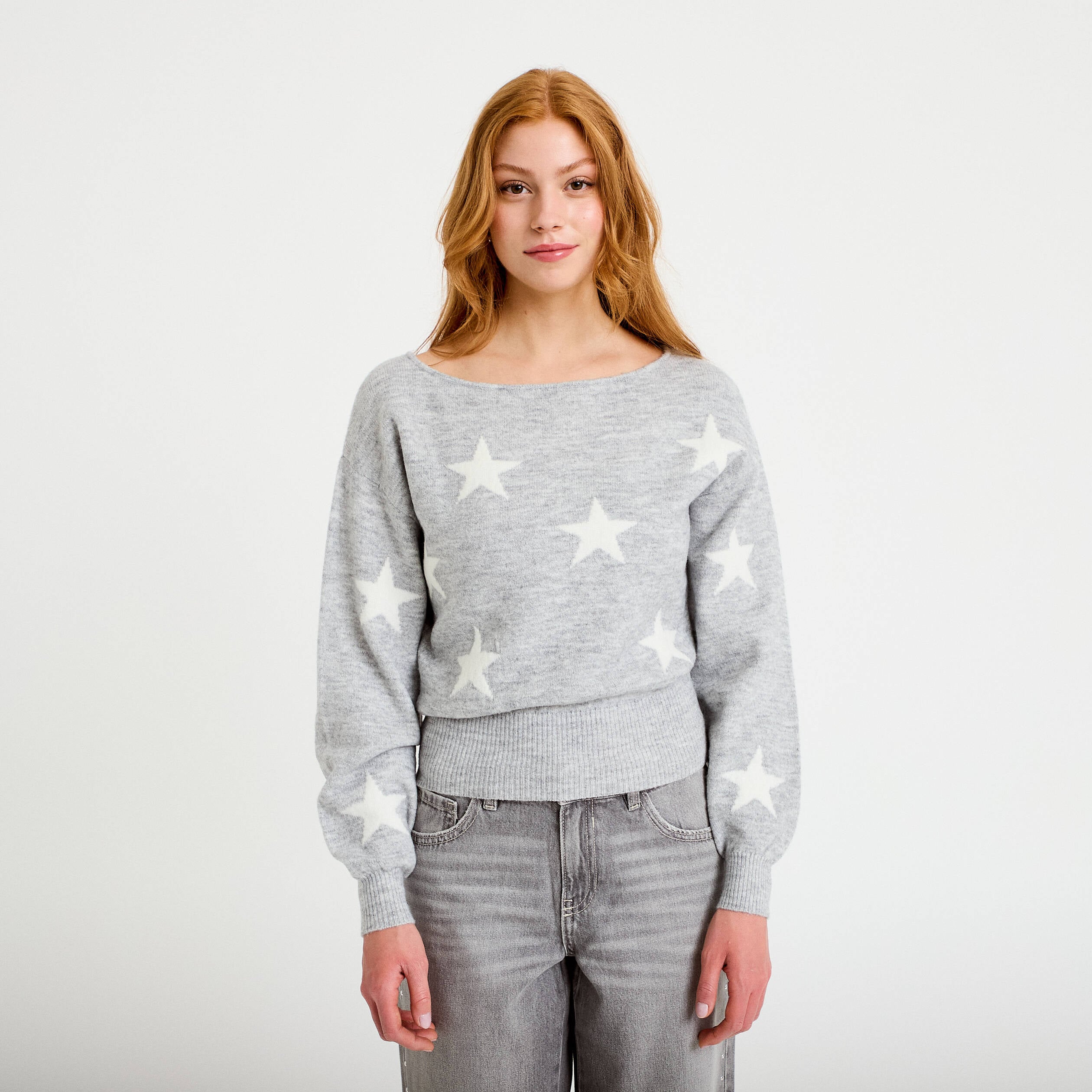 Pull col bateau manches longues gris clair femme