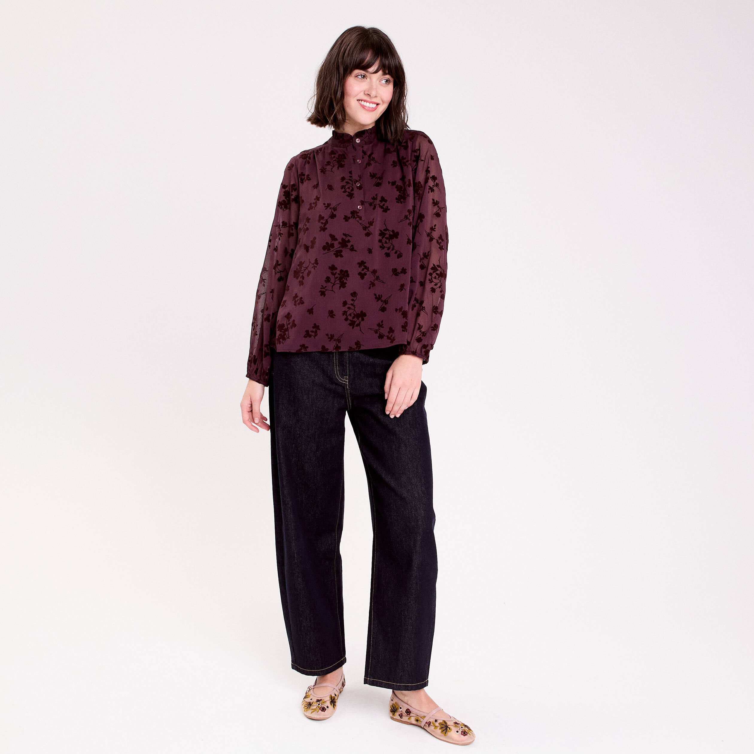Blouse fluide manches longues marron cognac femme
