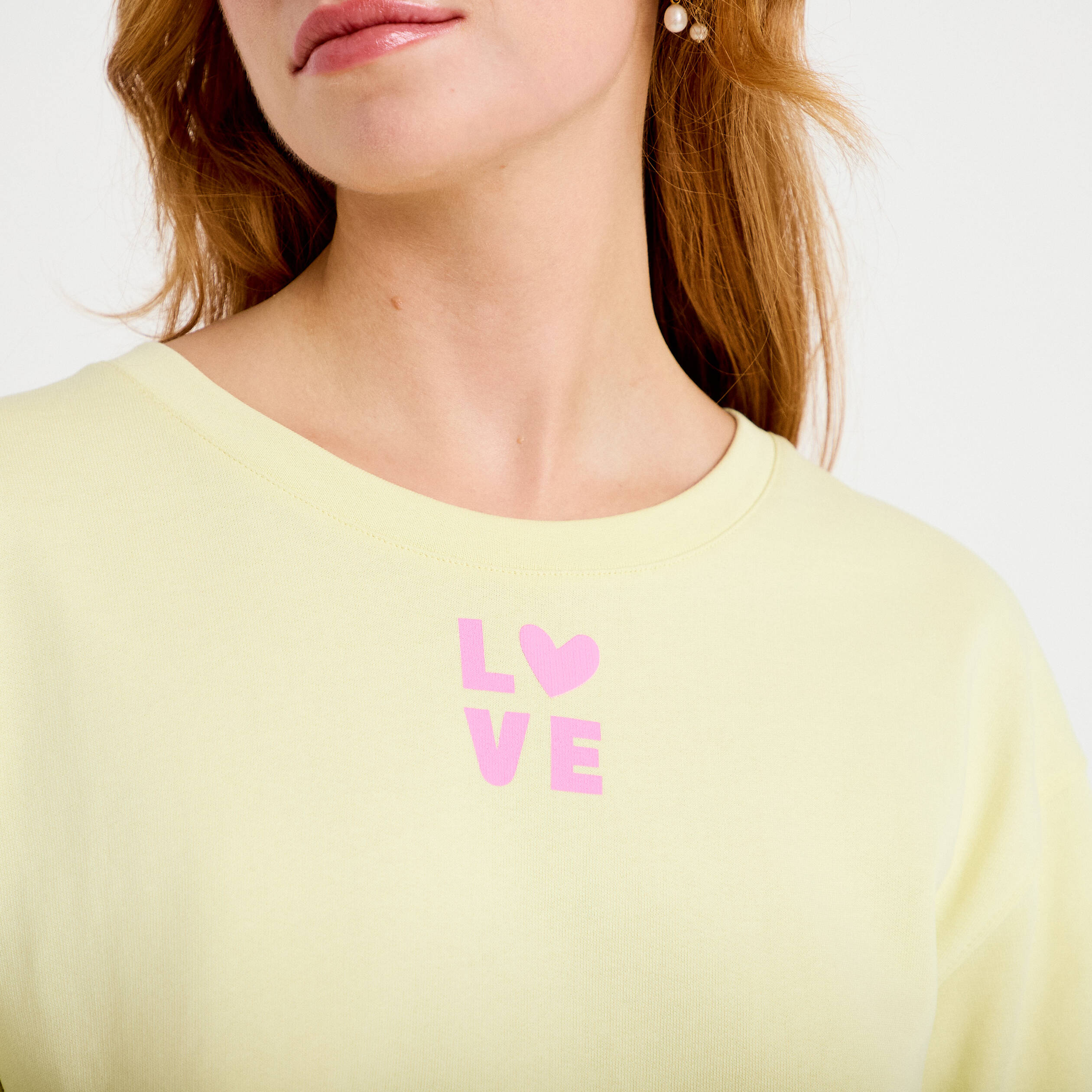 Sweat oversize cropped col rond jaune clair femme