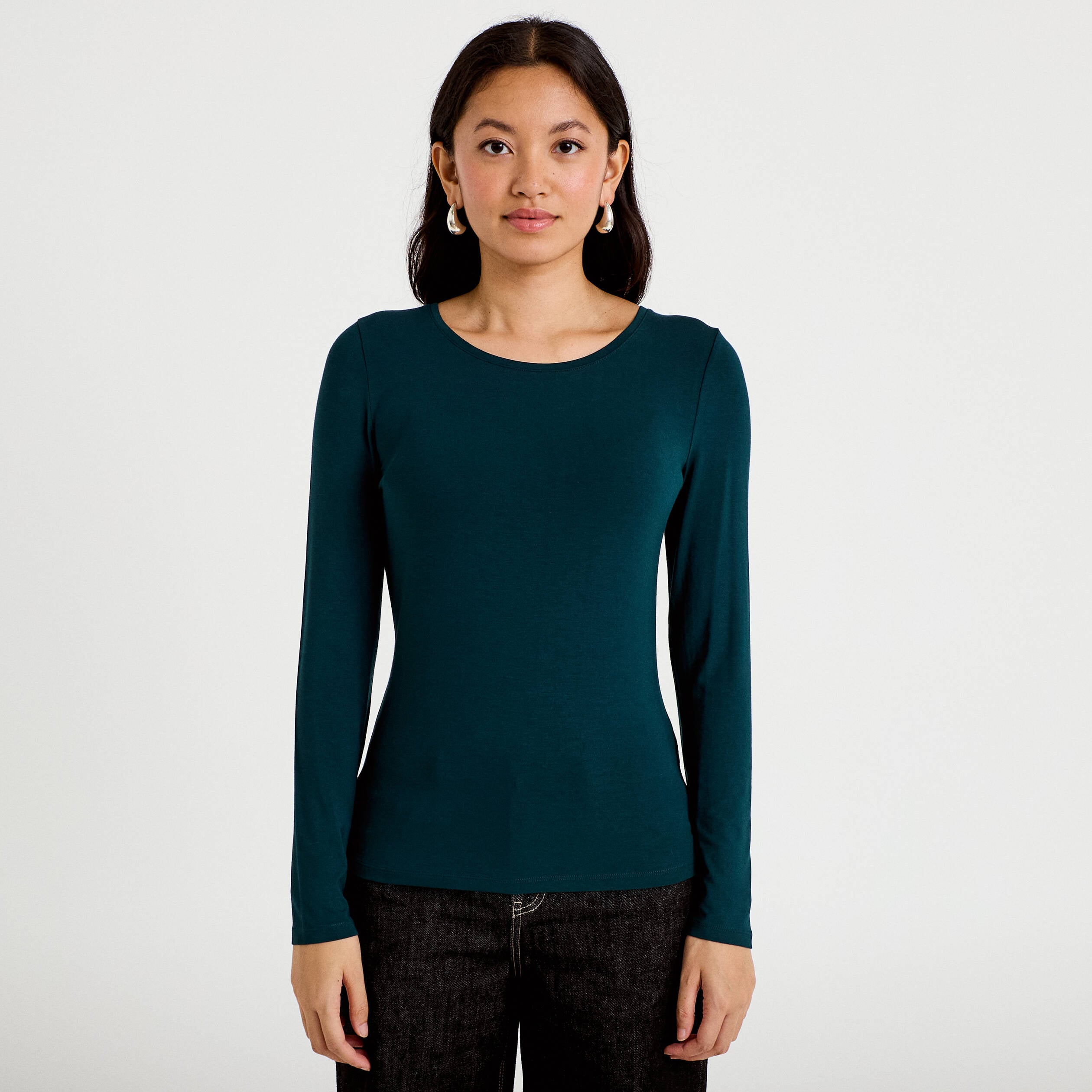 T-shirt uni &agrave; manches longues vert fonc&eacute; femme