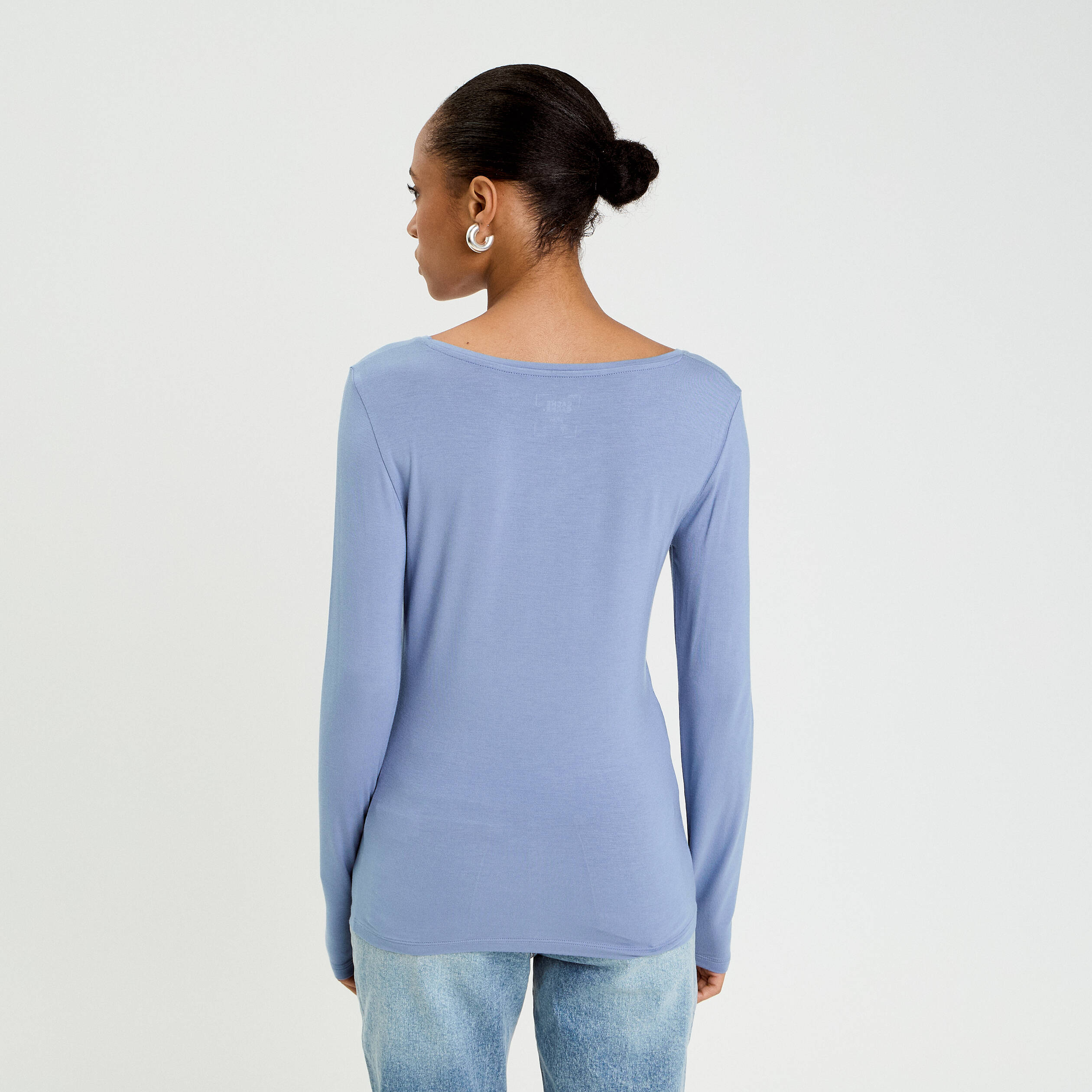T-shirt uni &agrave; manches longues bleu gris femme