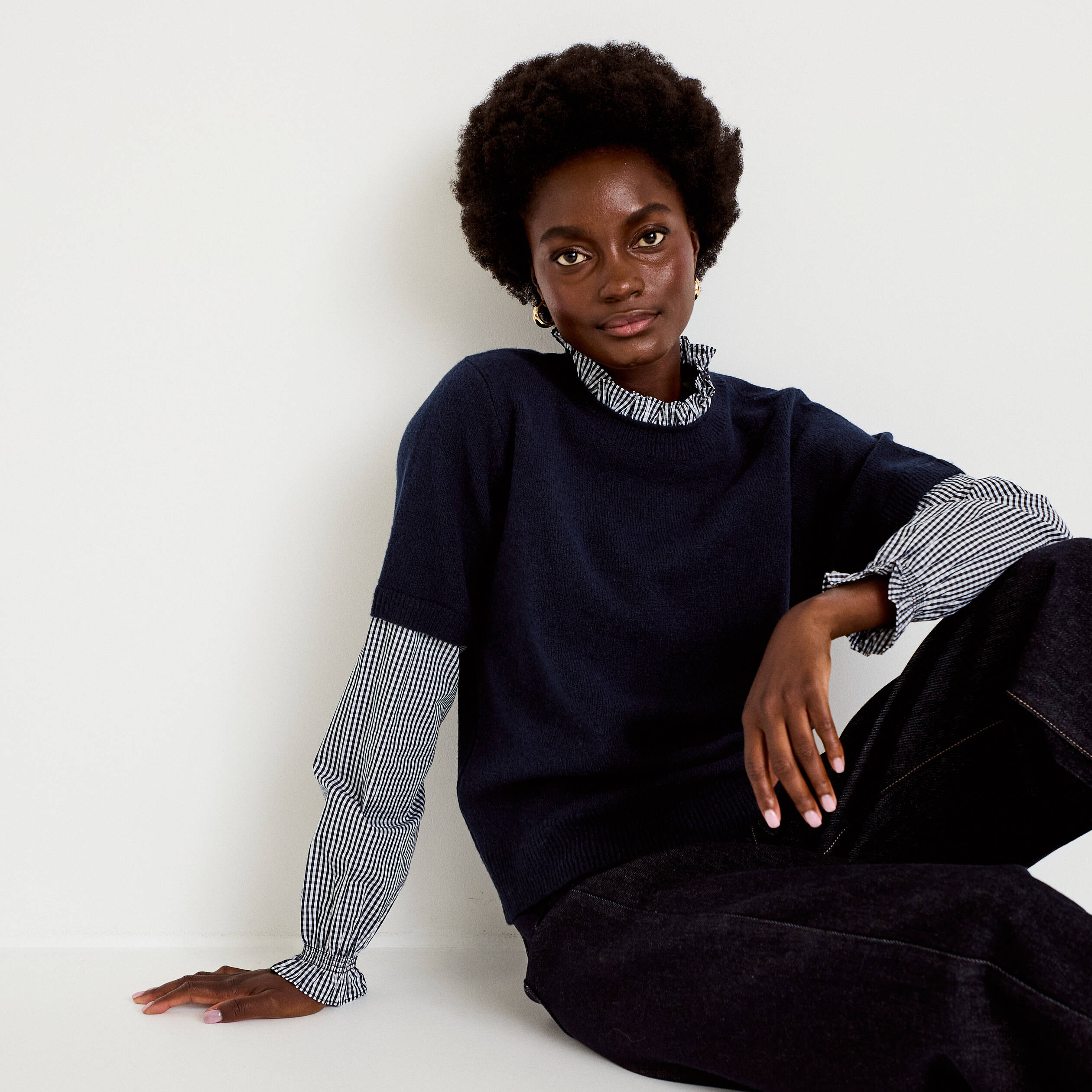 Pull col rond vichy manches longues bleu marine femme