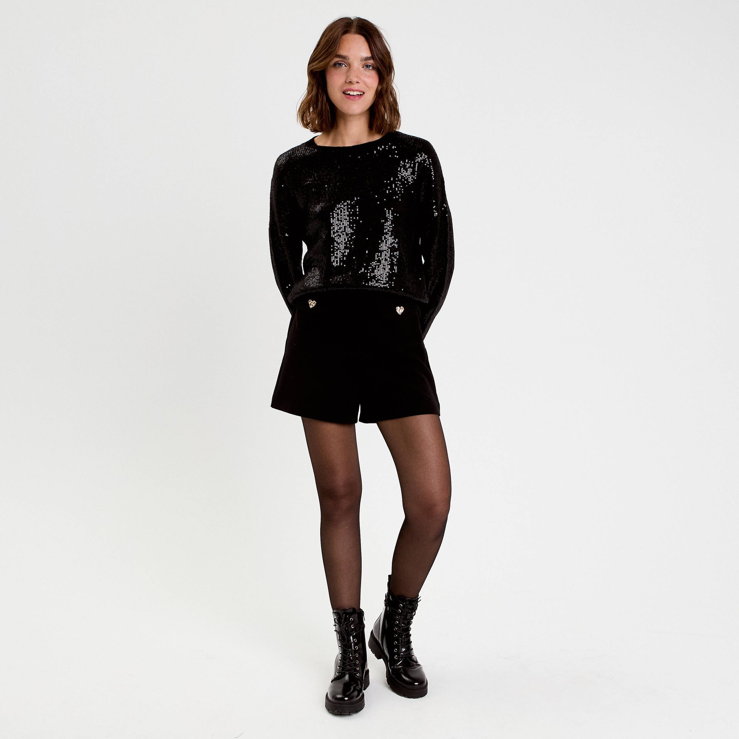 Pull manches longues avec sequins noir femme