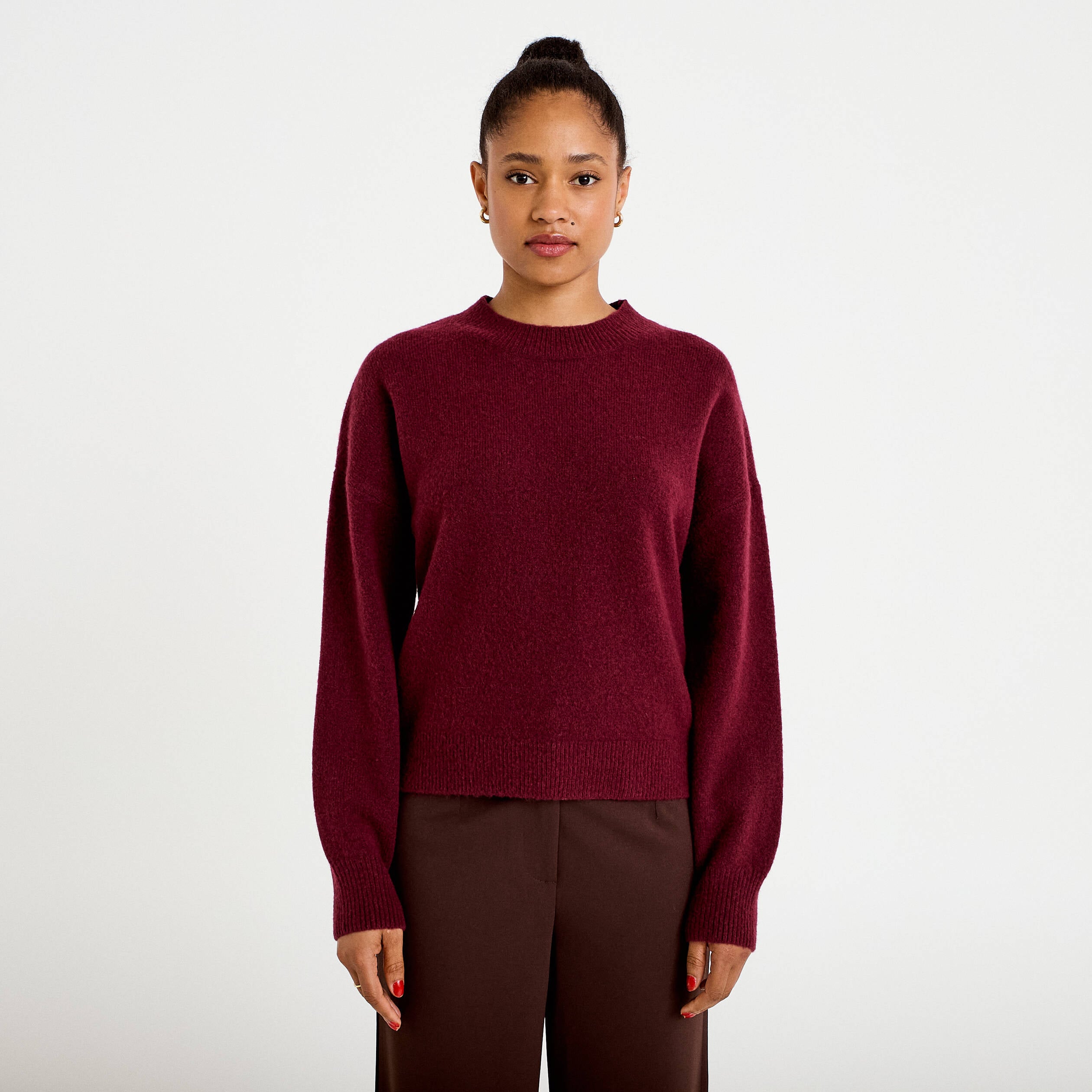 Pull col rond bordeaux femme
