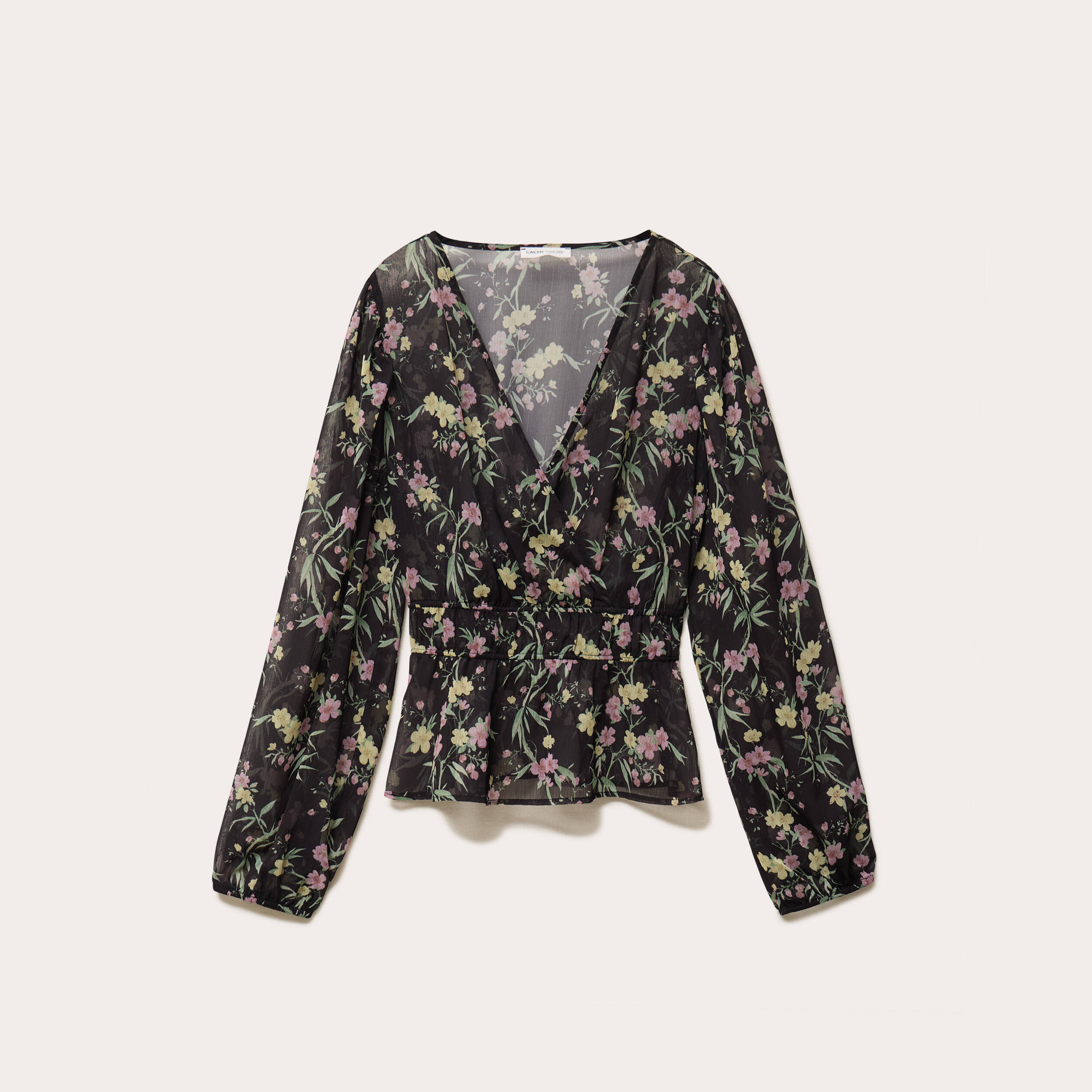 Blouse cintr&eacute;e col v manches longues noir femme