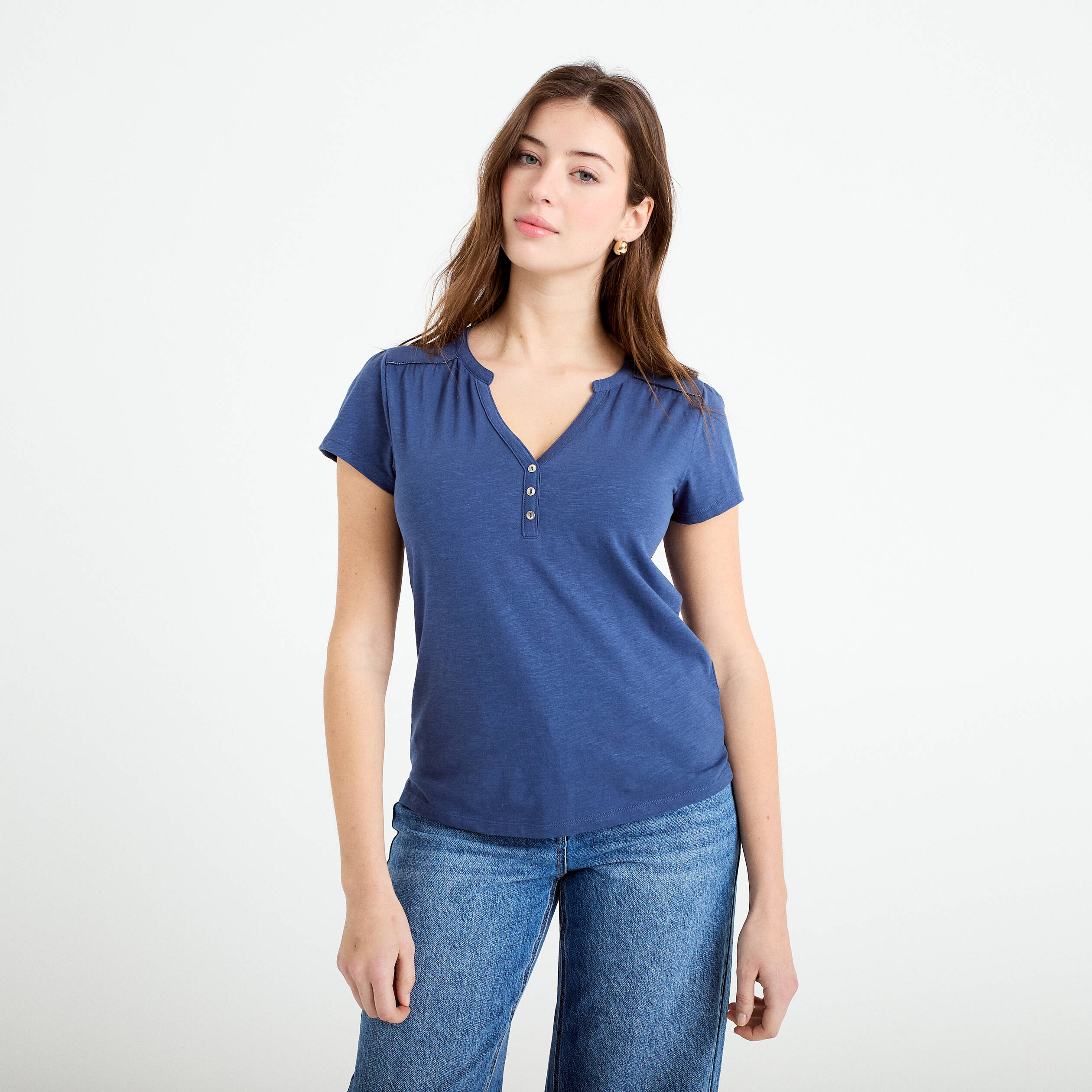 T-shirt boutonn&eacute; sur le devant bleu fonc&eacute; femme