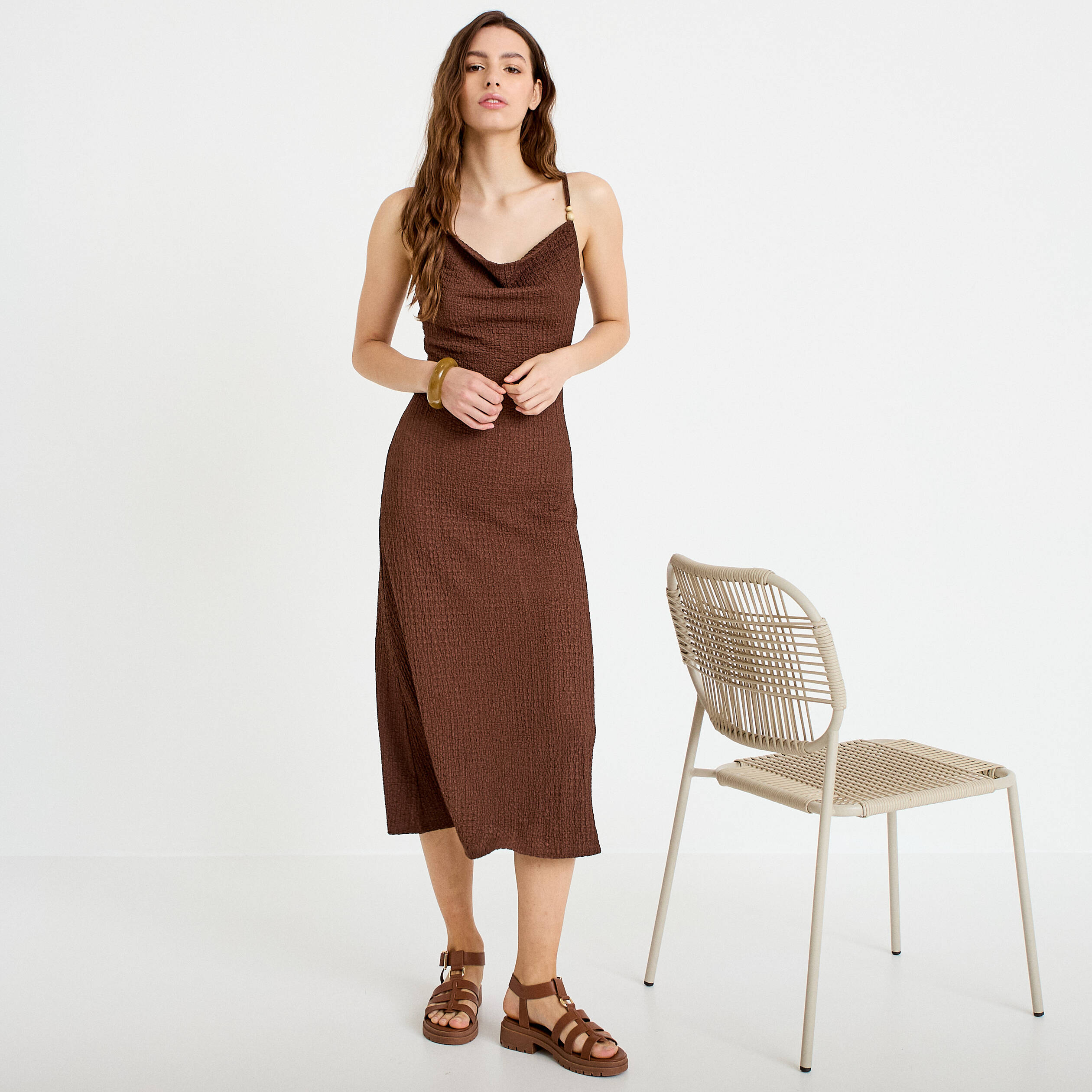 Robe longue droite en maille marron femme