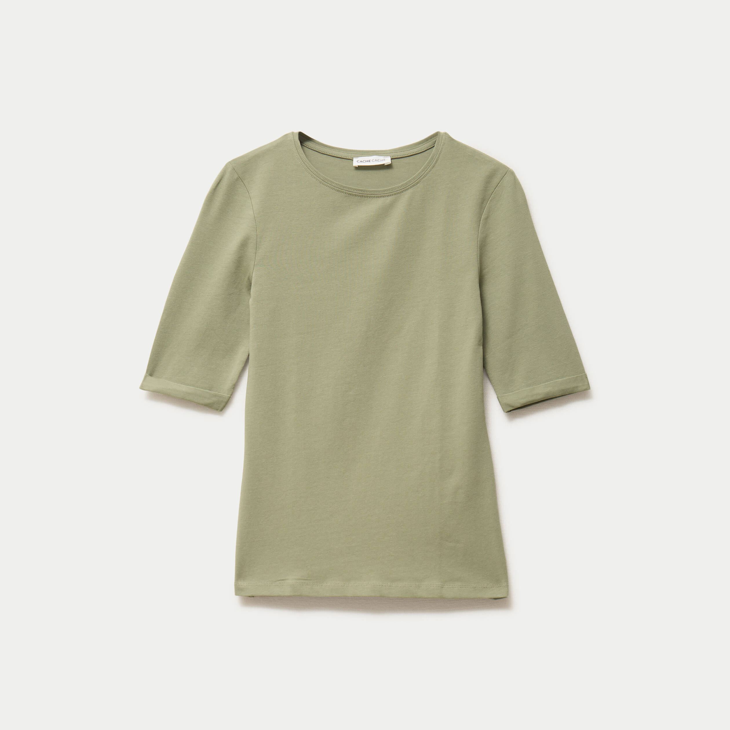 T-shirt ajust&eacute; col rond manches courtes vert kaki femme
