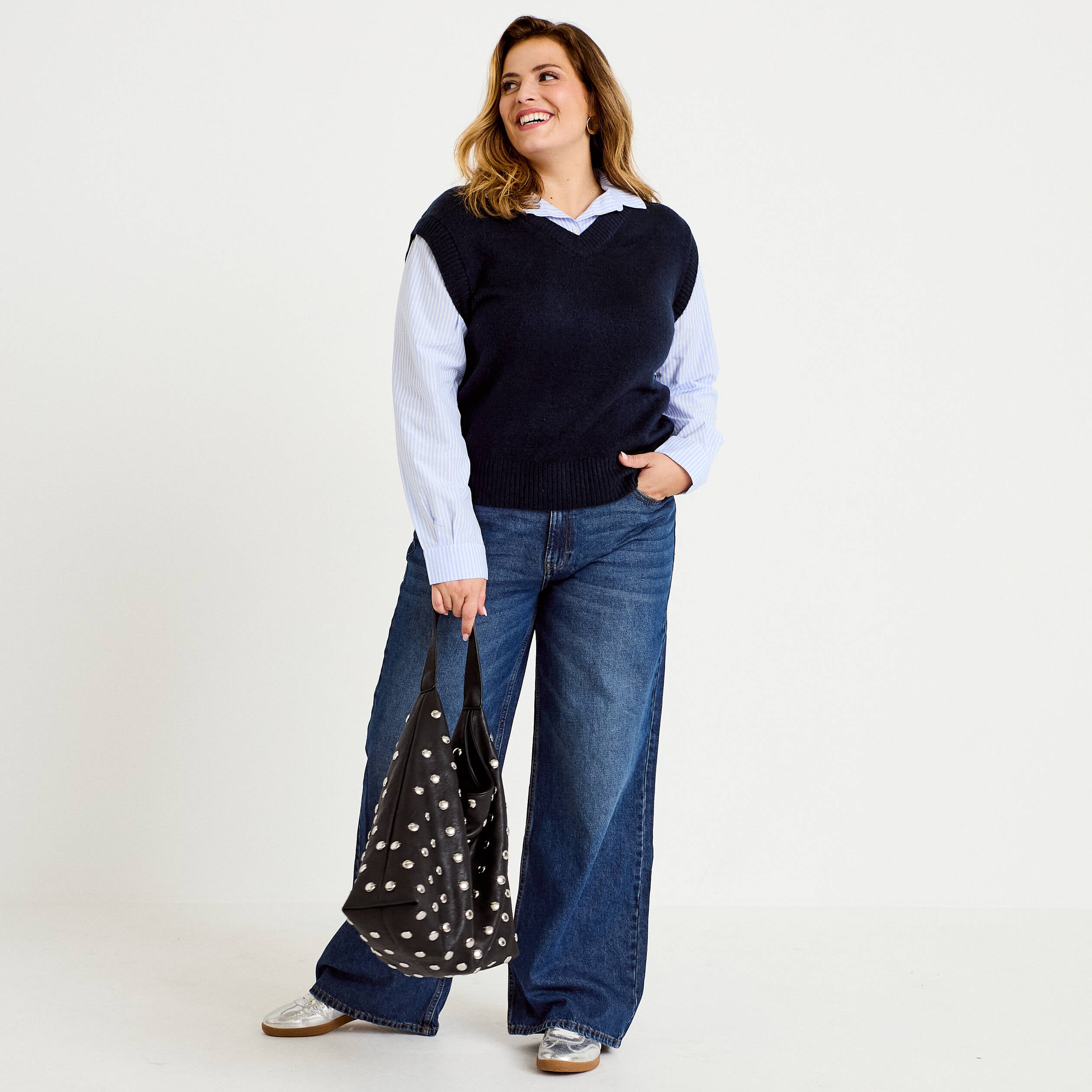 Pull chemise 2-en-1 bleu marine femme