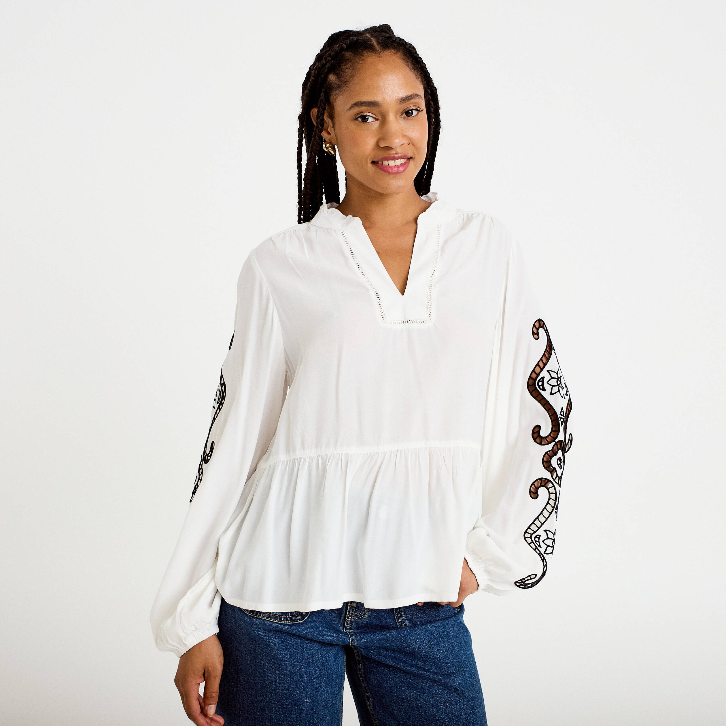 Blouse col v manches longues ecru femme