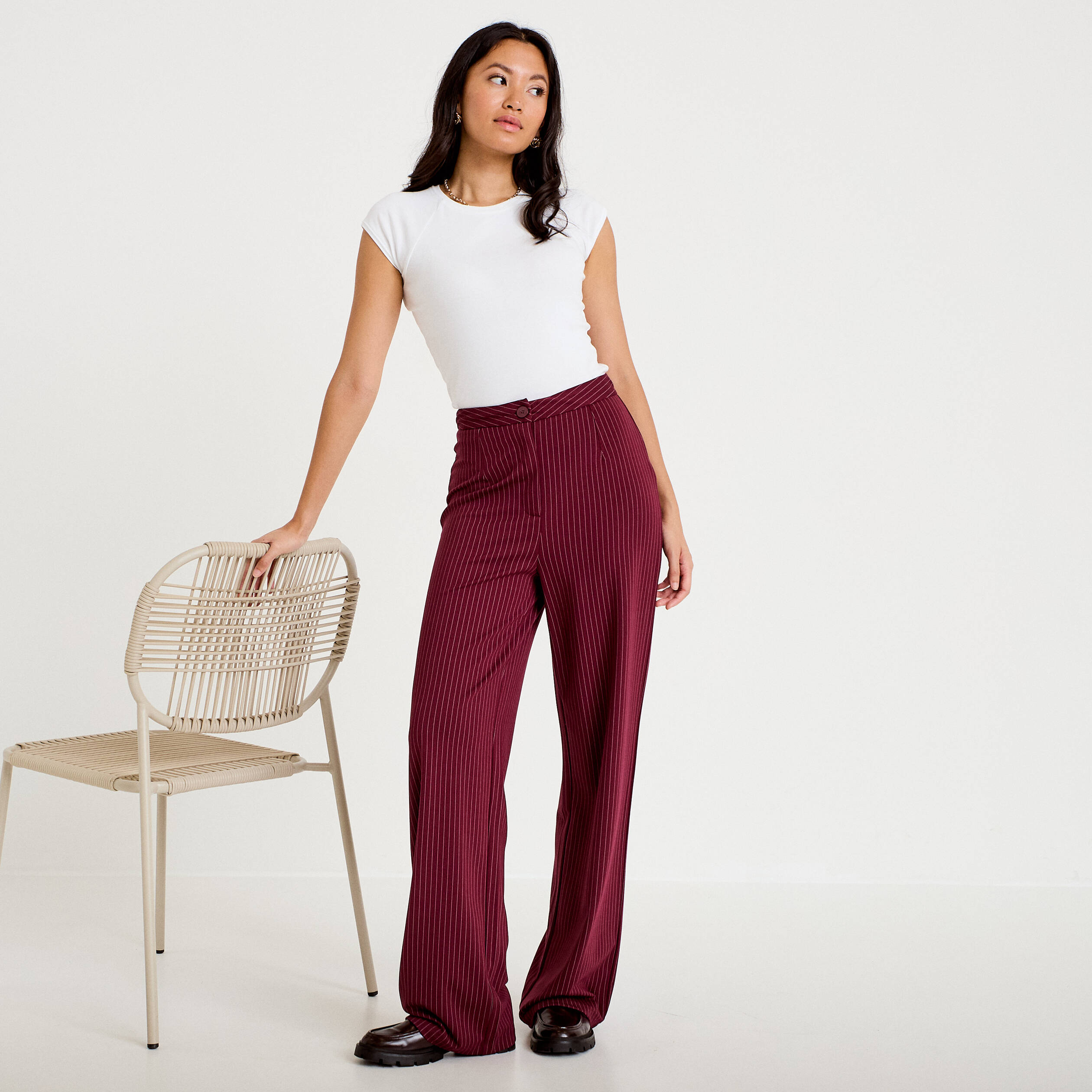 Pantalon large taille haute rouge femme