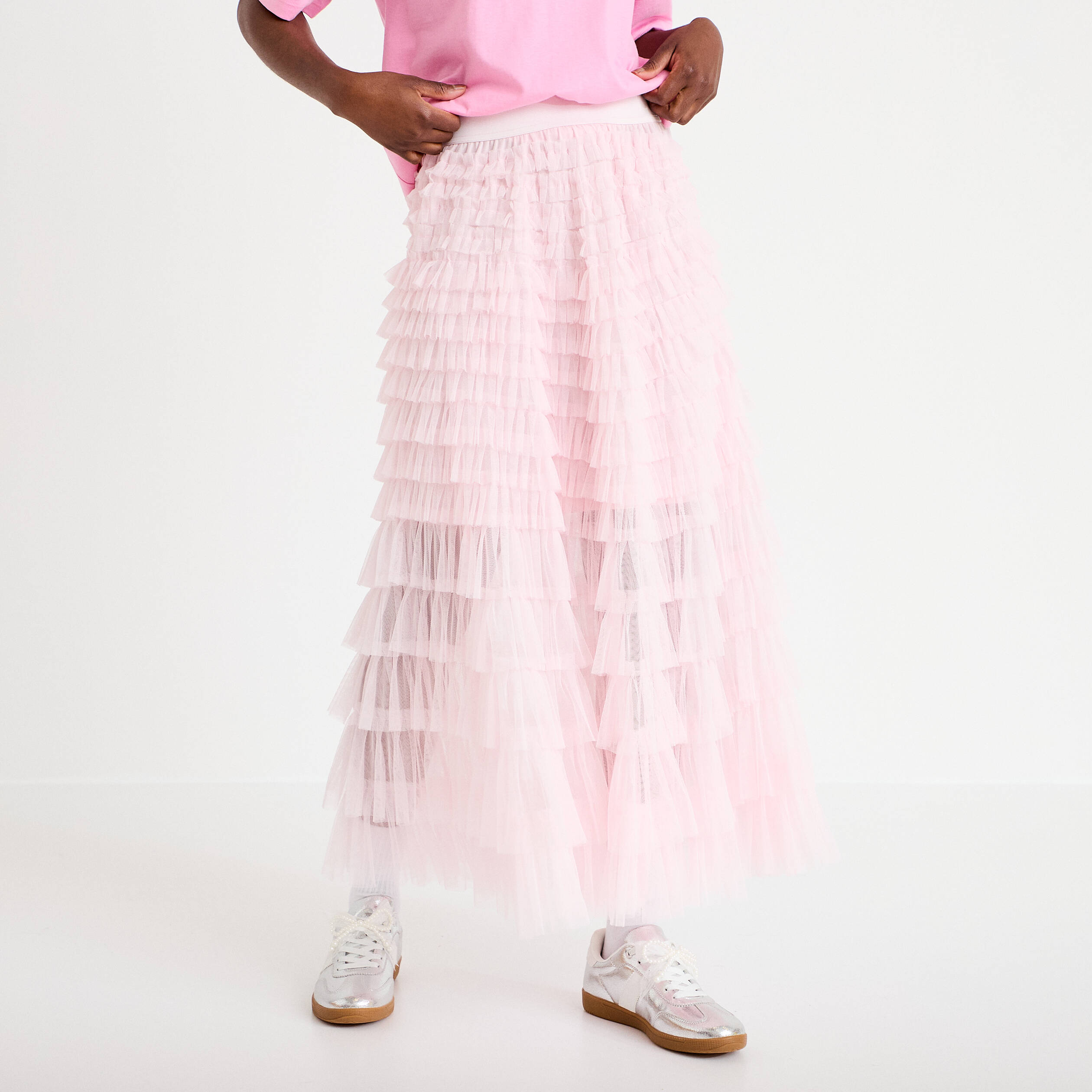 Jupe longue &eacute;vas&eacute;e rose clair femme