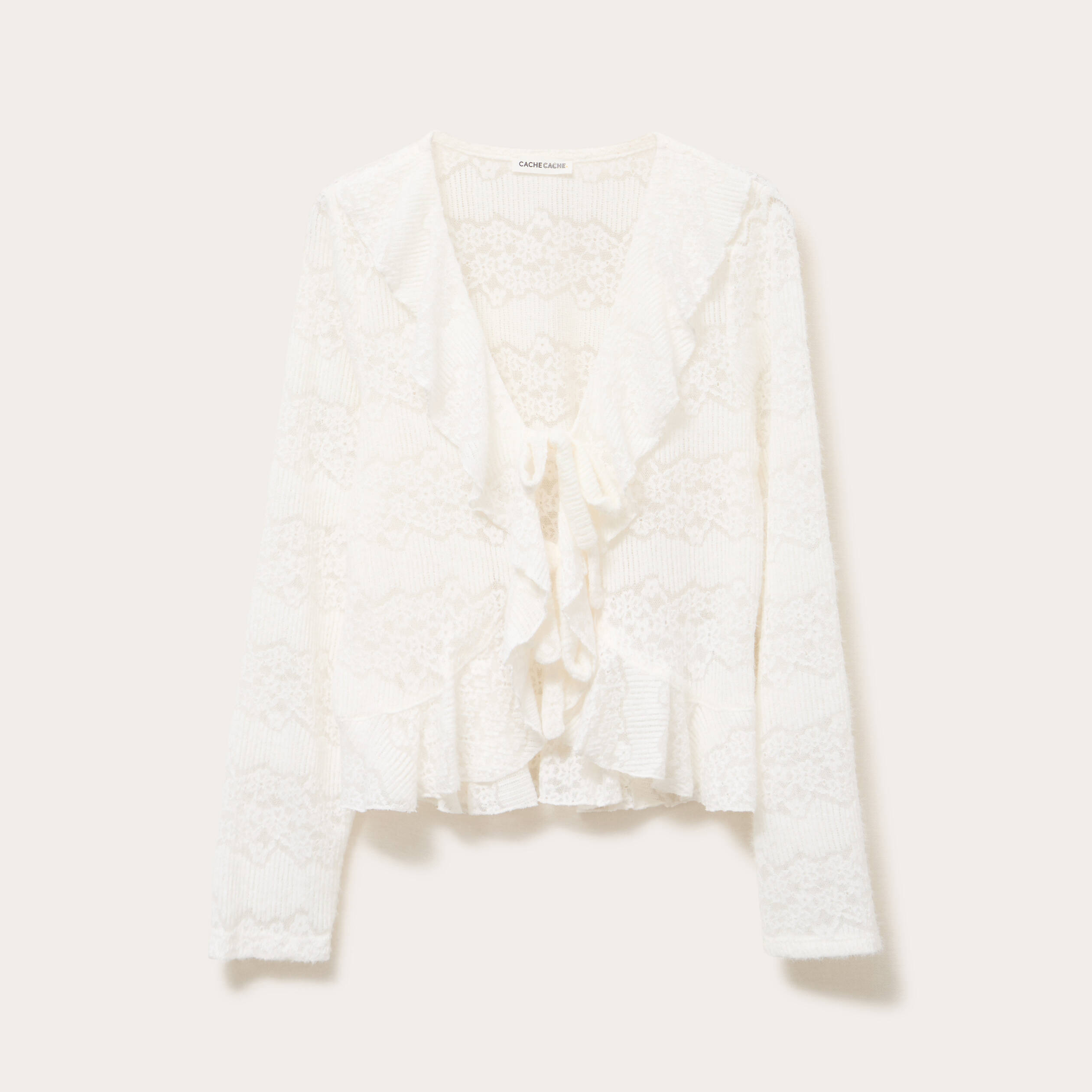 Gilet cintr&eacute; ajour&eacute; manches longues ecru femme