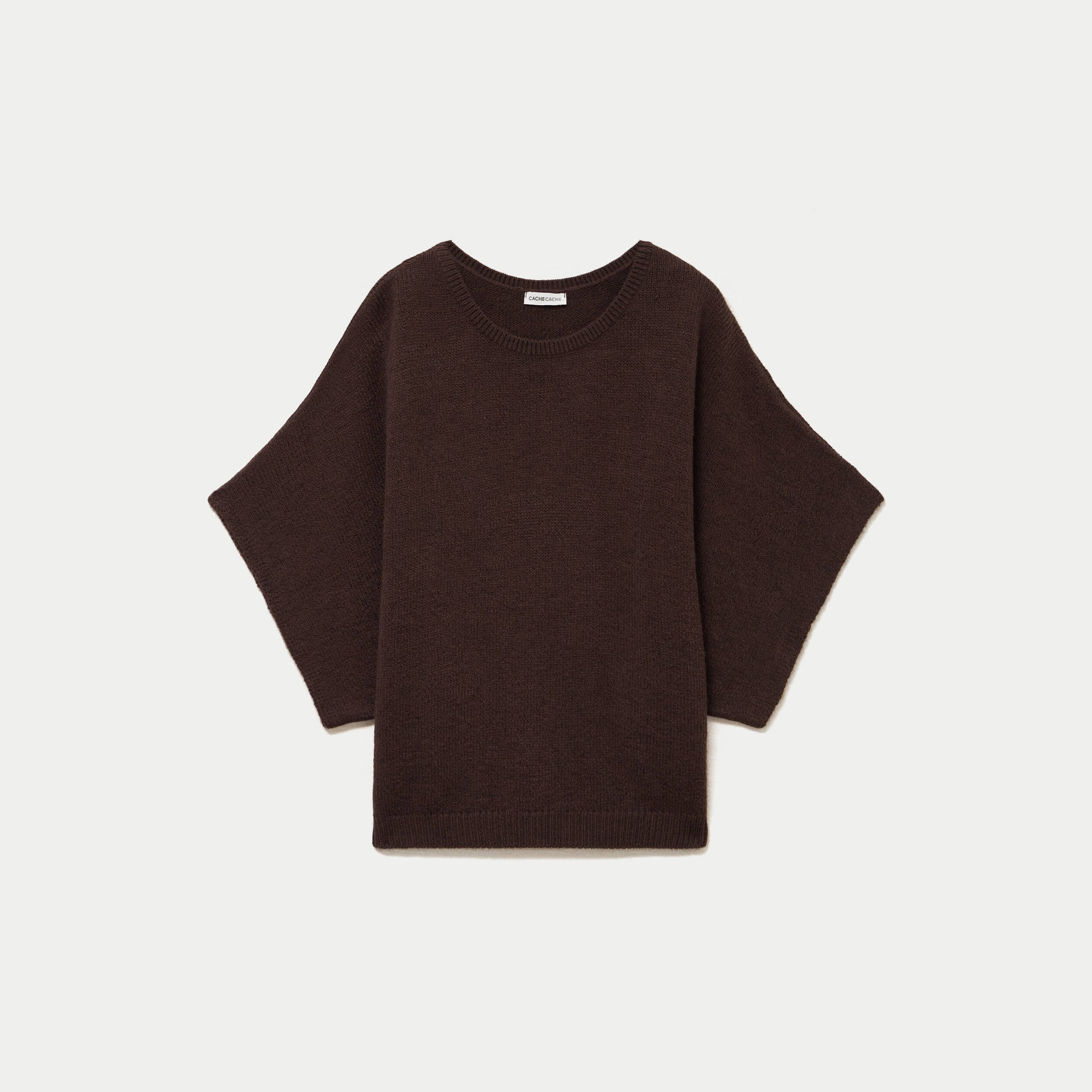 Pull oversize col rond manches courtes marron fonc&eacute; femme