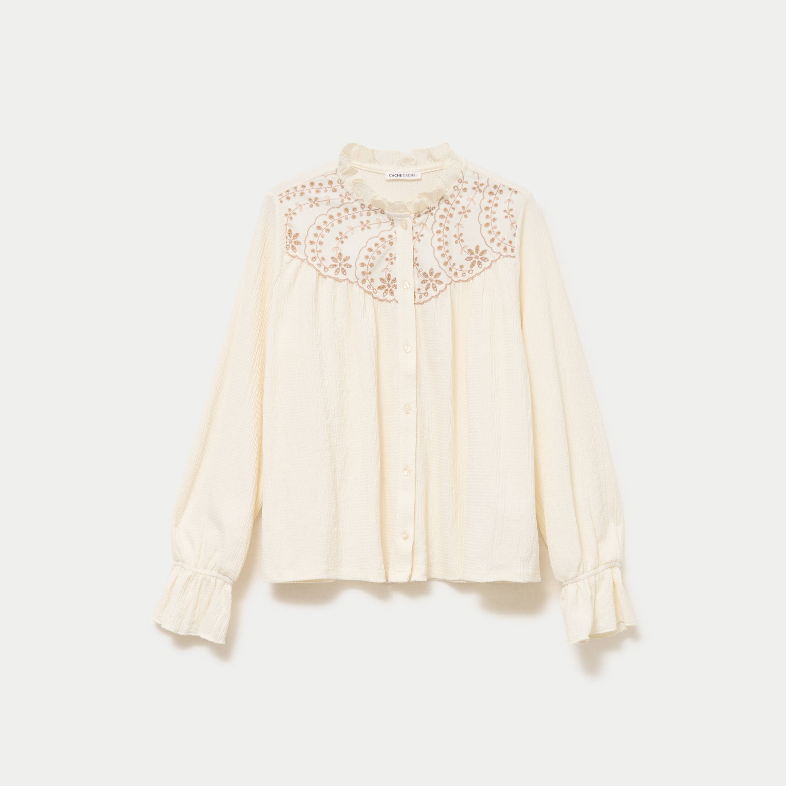 Blouse droite manches longues pliss&eacute;e ivoire femme