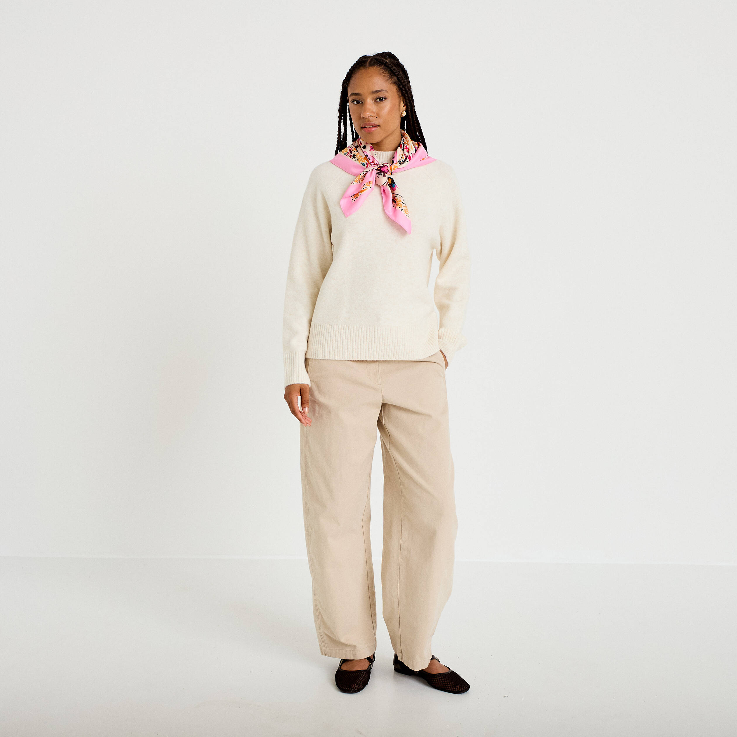 Pull col montant manches longues ecru femme