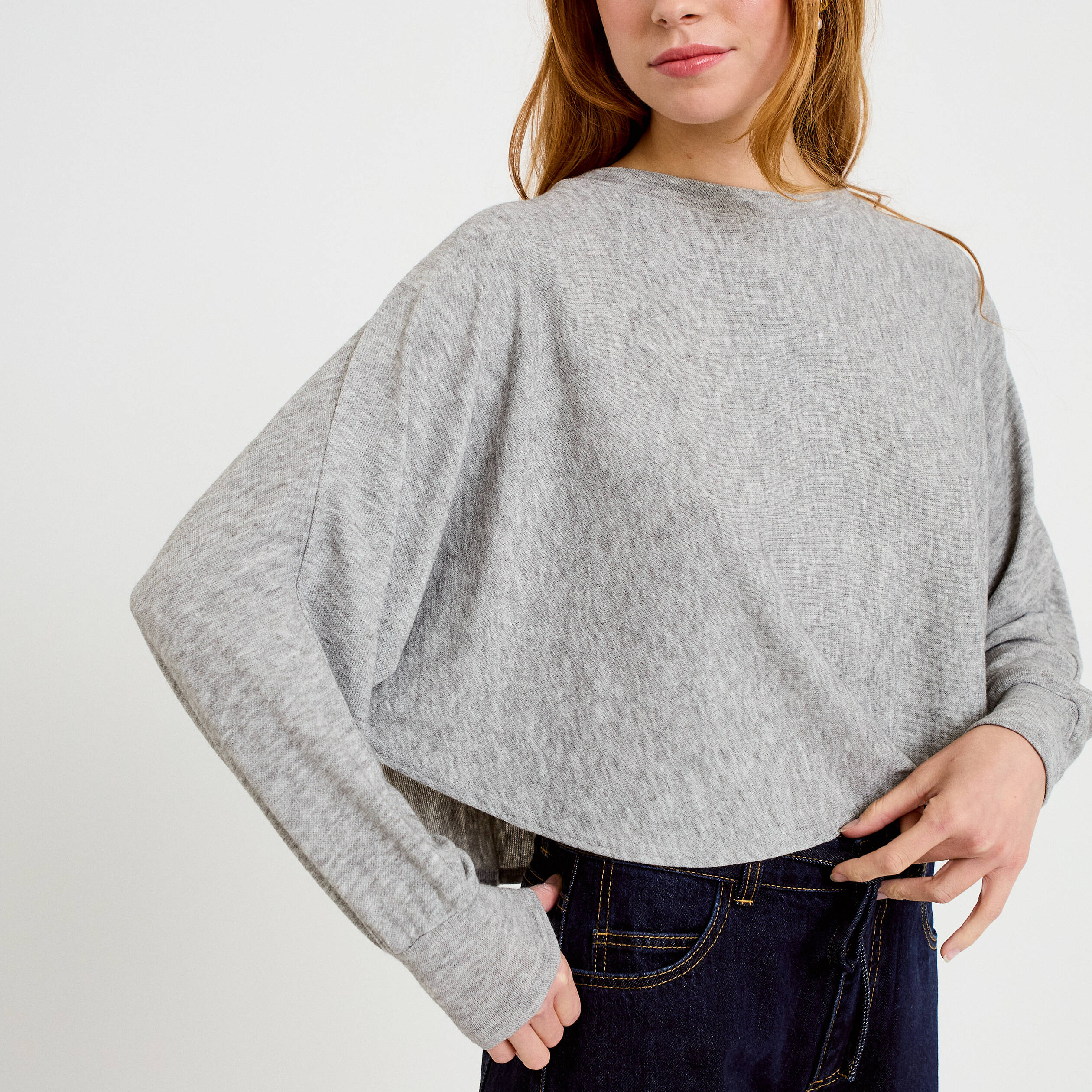 Cape boyfriend cropped col rond gris clair femme