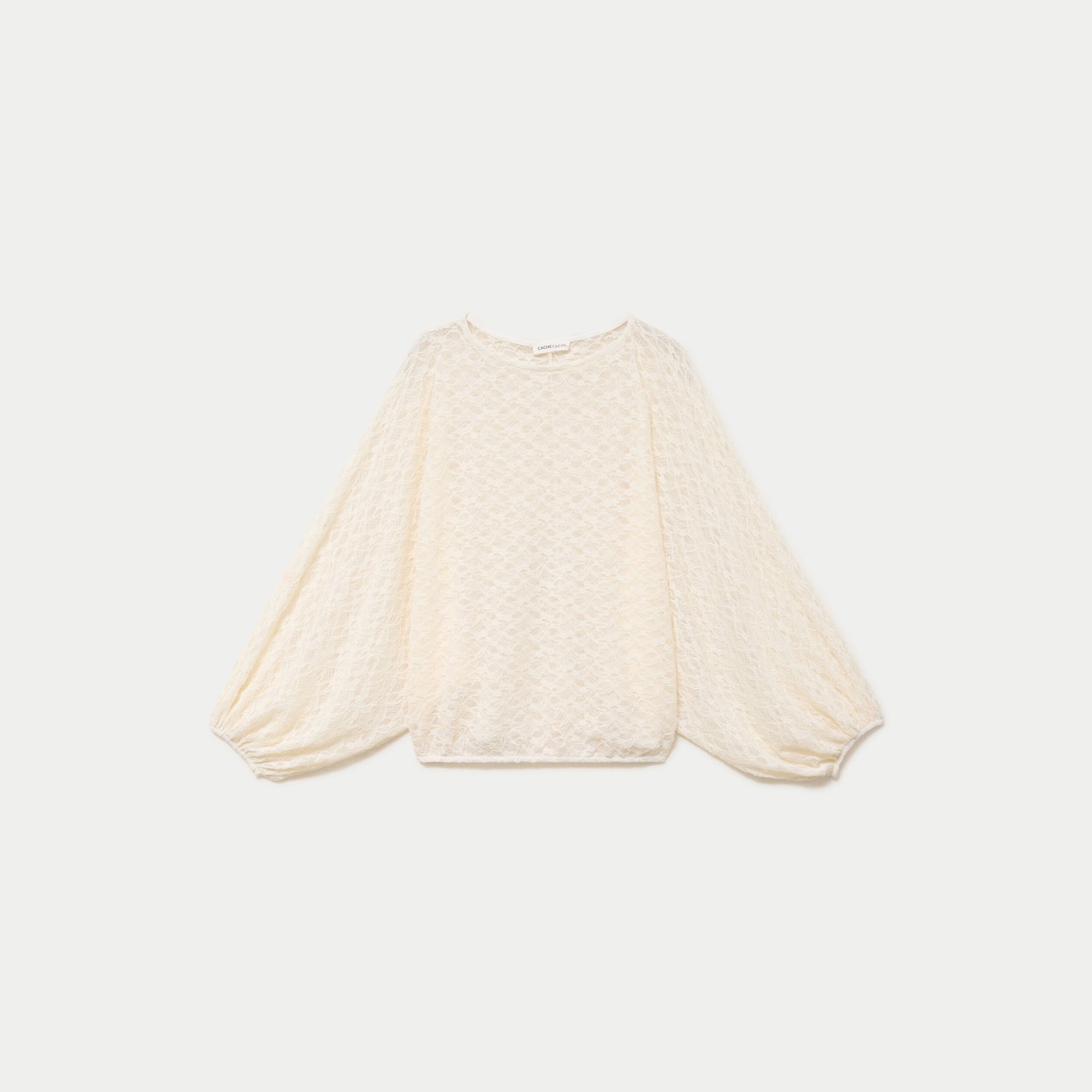Blouse dentelle col rond manches longues ecru femme