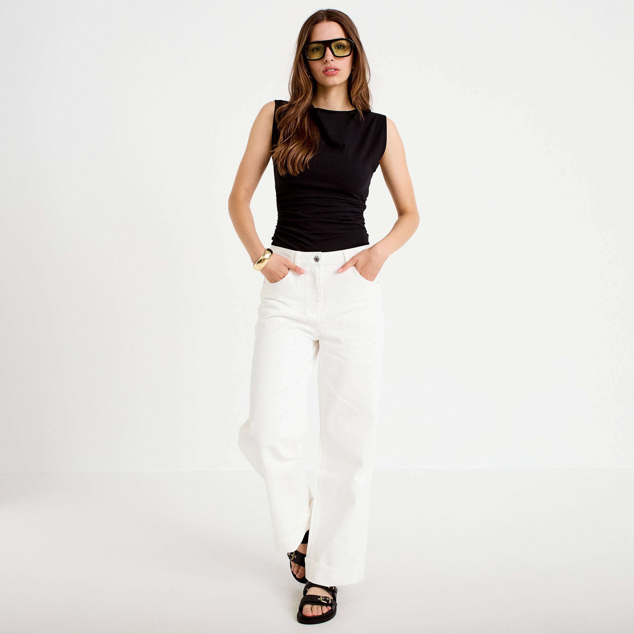 Jean wide leg taille haute ecru femme