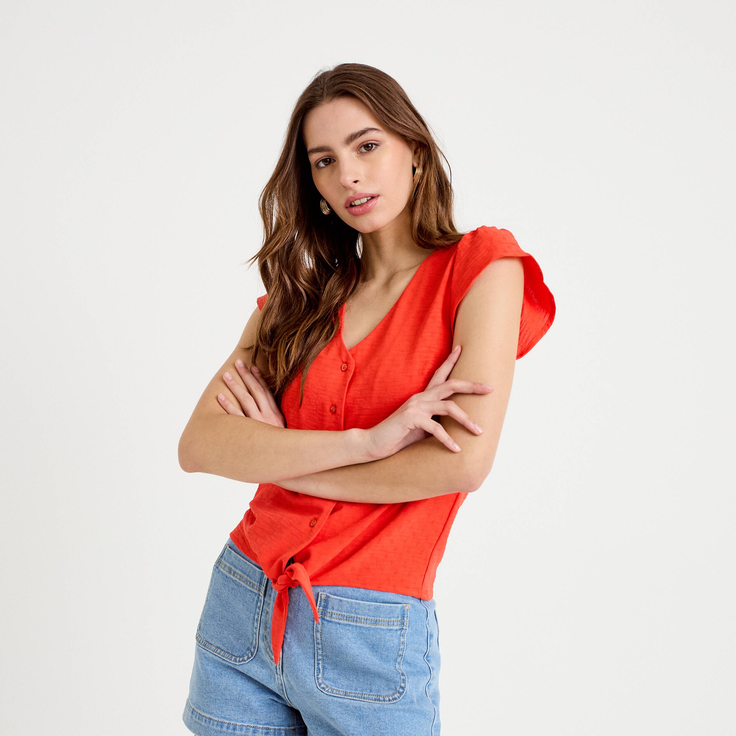 Blouse manches courtes orange fonc&eacute; femme