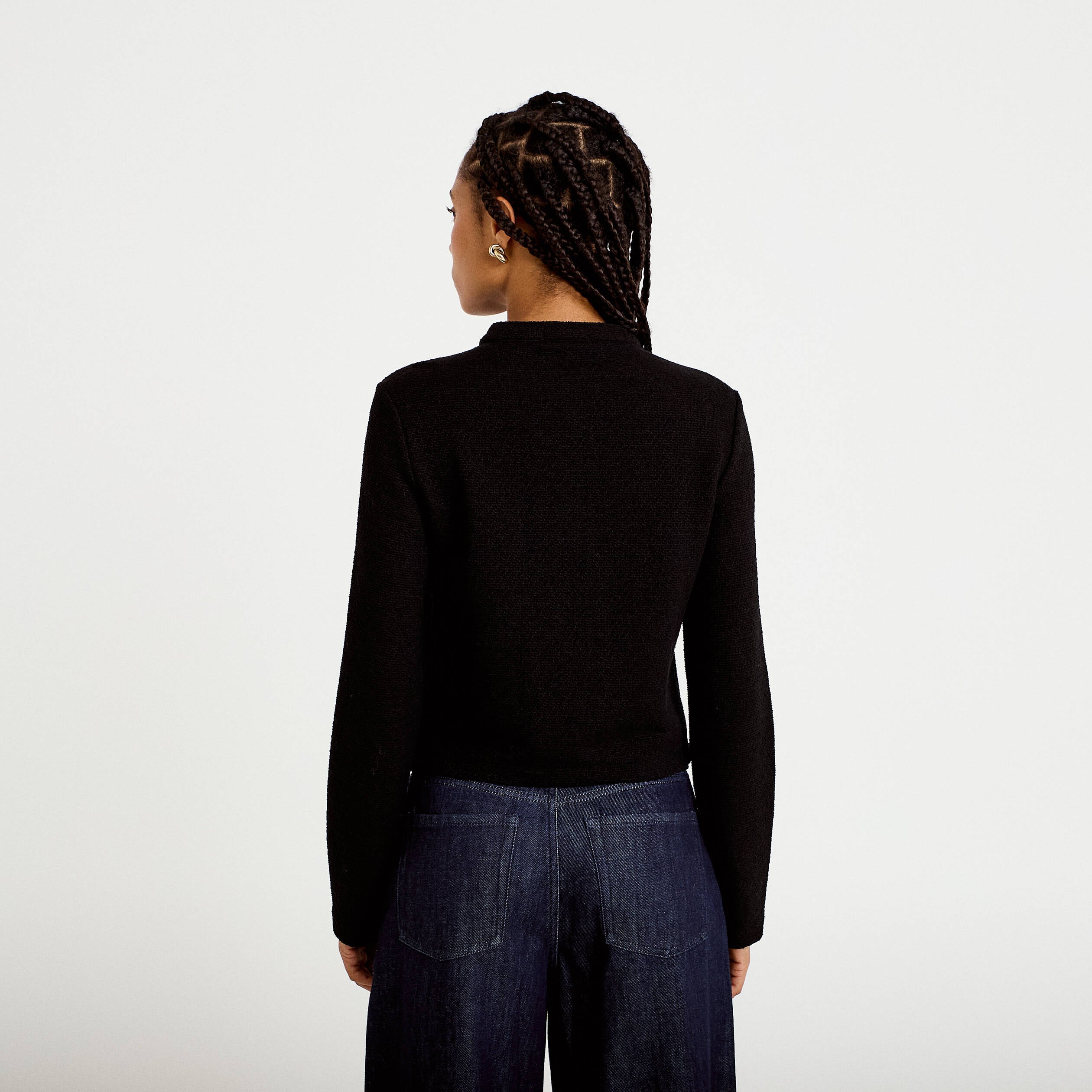 Veste tweed droite cropped col rond noir femme