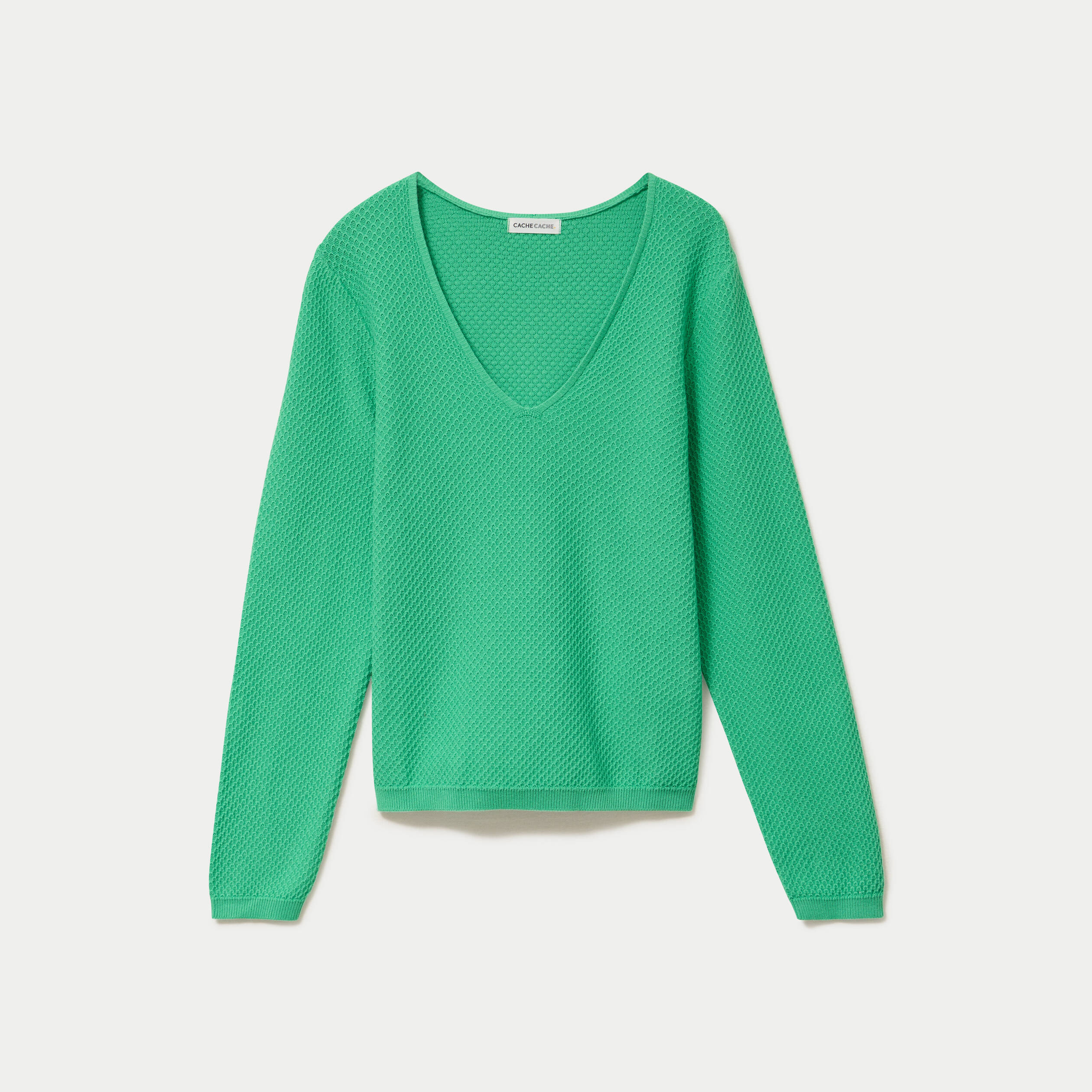 Pull col v manches longues vert femme