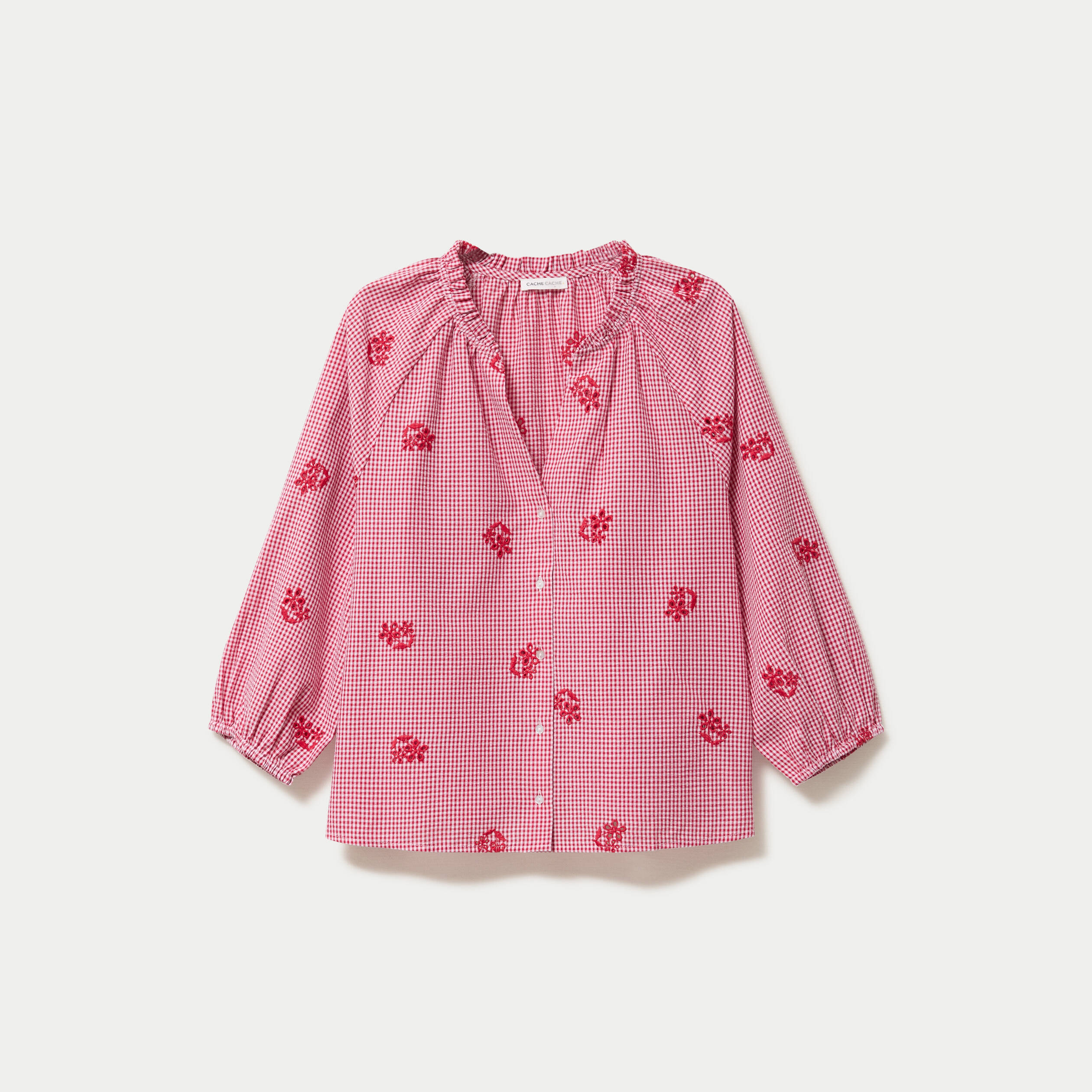 Blouse col v manches 3/4 broderie rouge femme