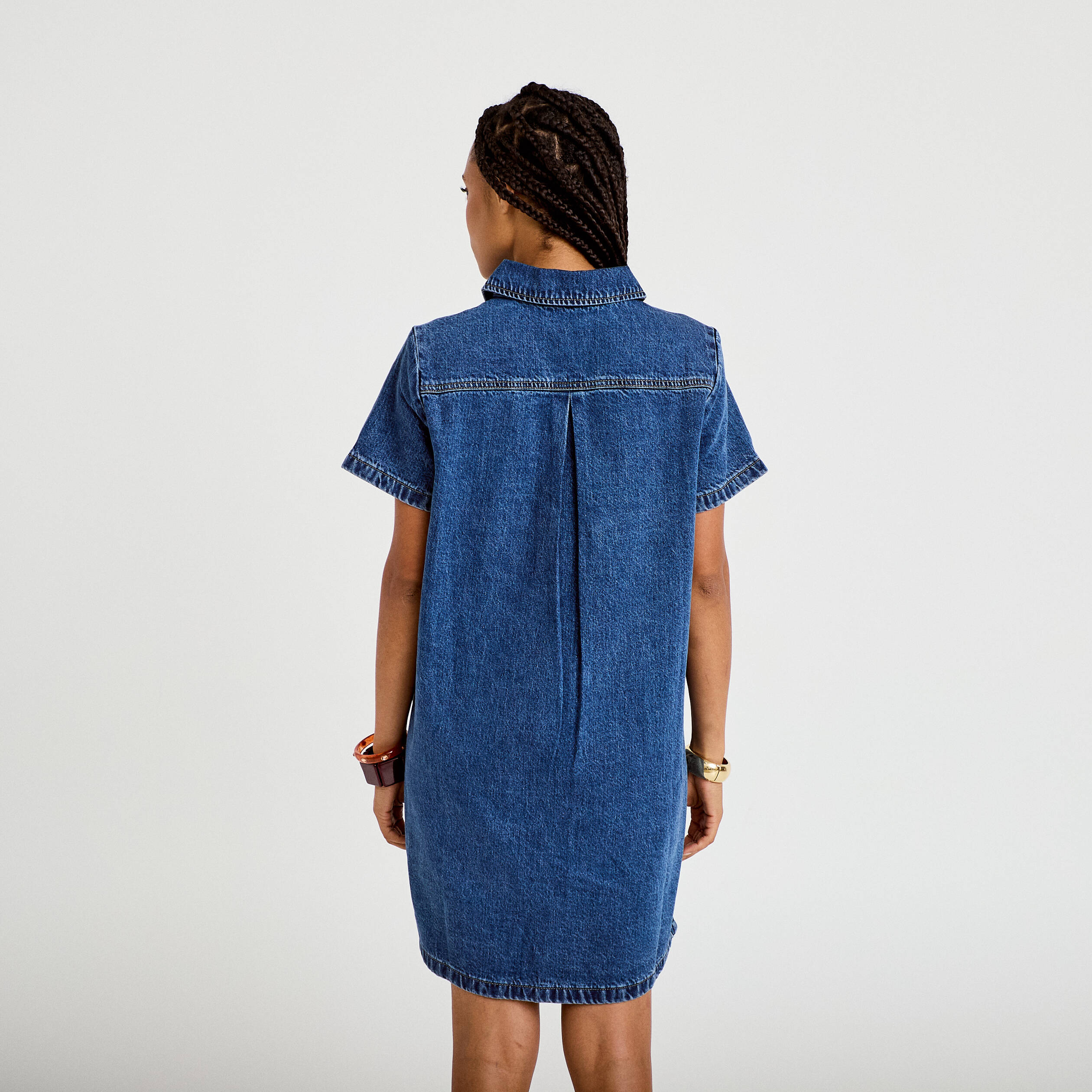 Robe droite courte en jean col chemise denim stone femme
