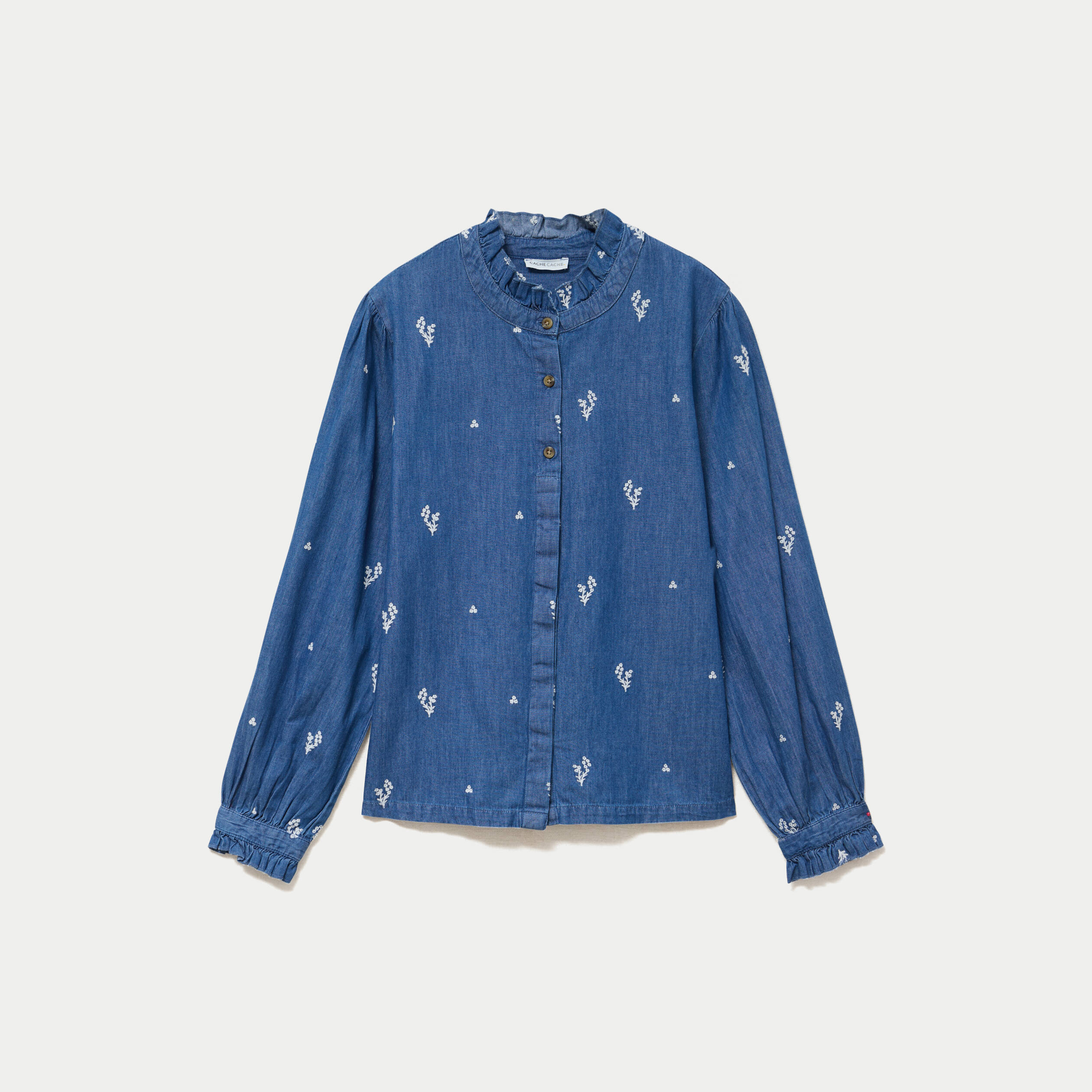 Chemise droite en jean col montant blanc femme
