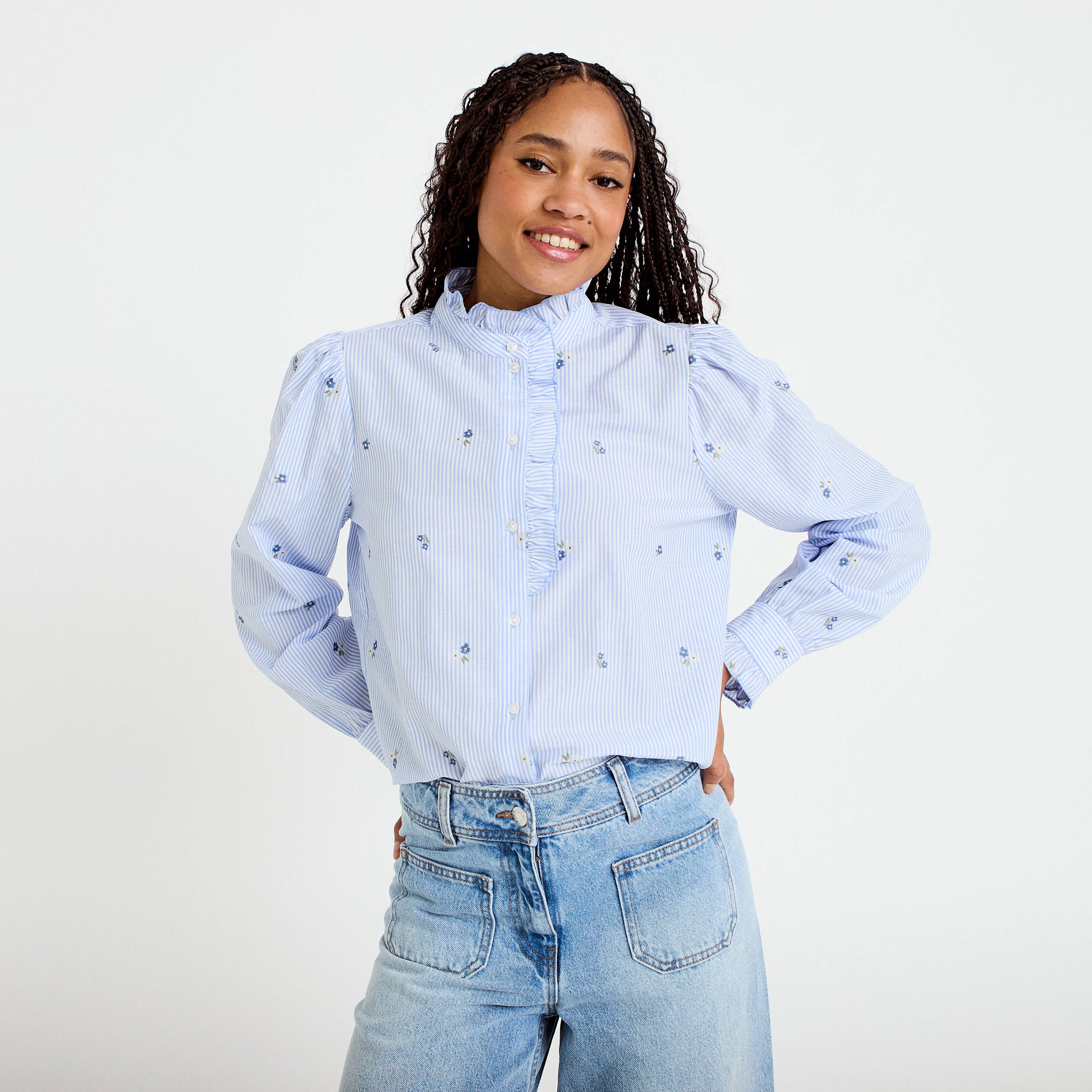 Chemise droite manches longues bleu ciel femme
