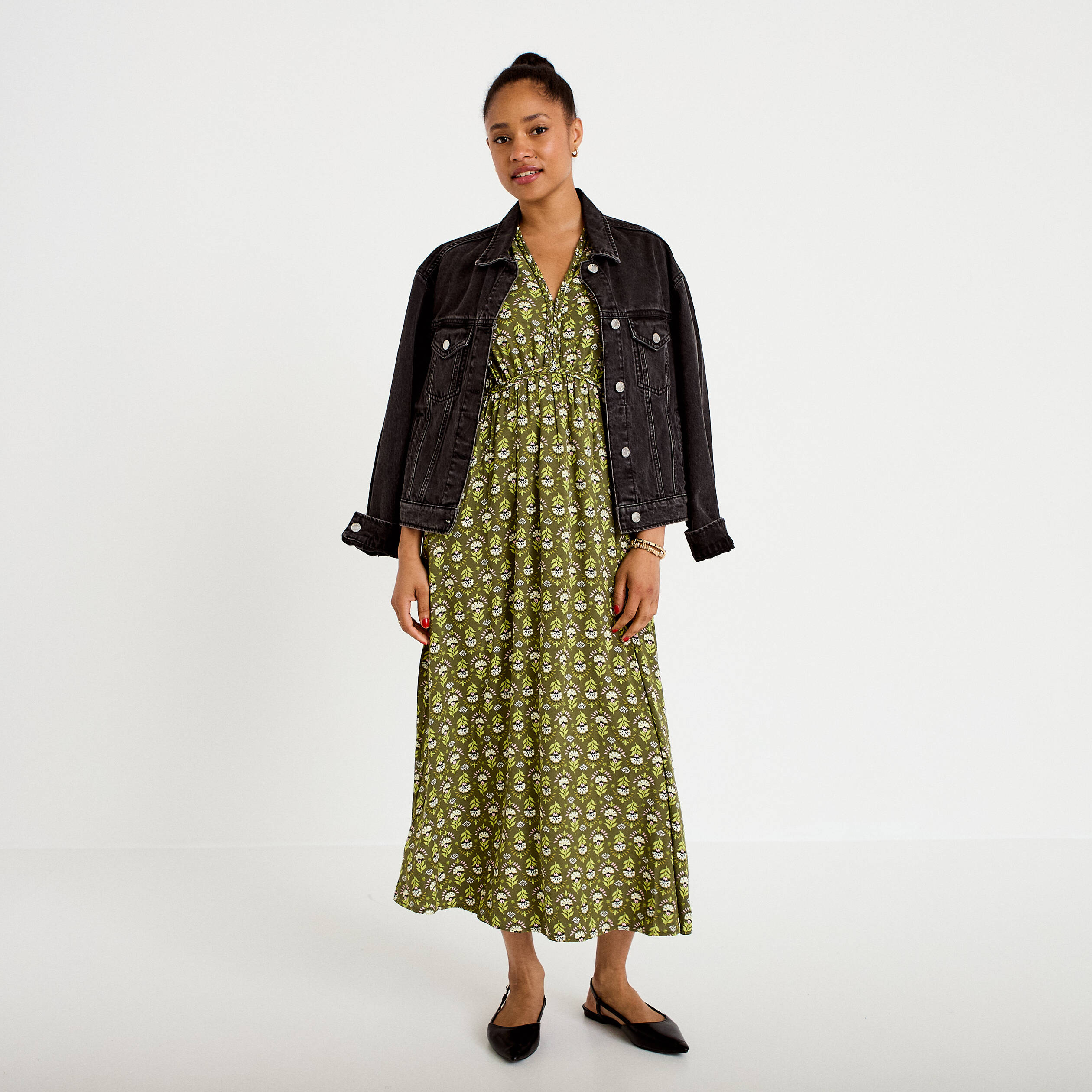 Robe longue manches courtes vert femme