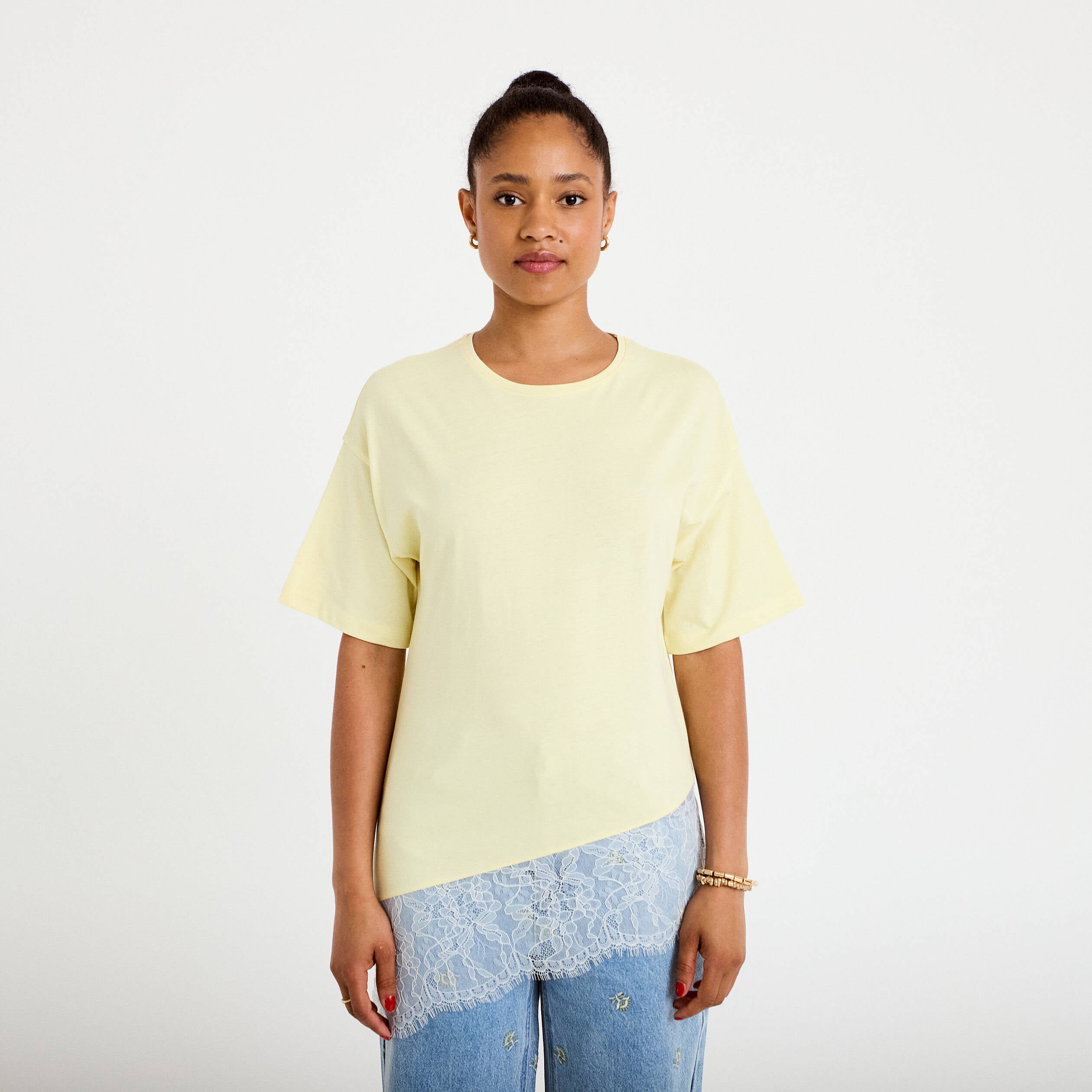 T-shirt oversize longue dentelle jaune clair femme