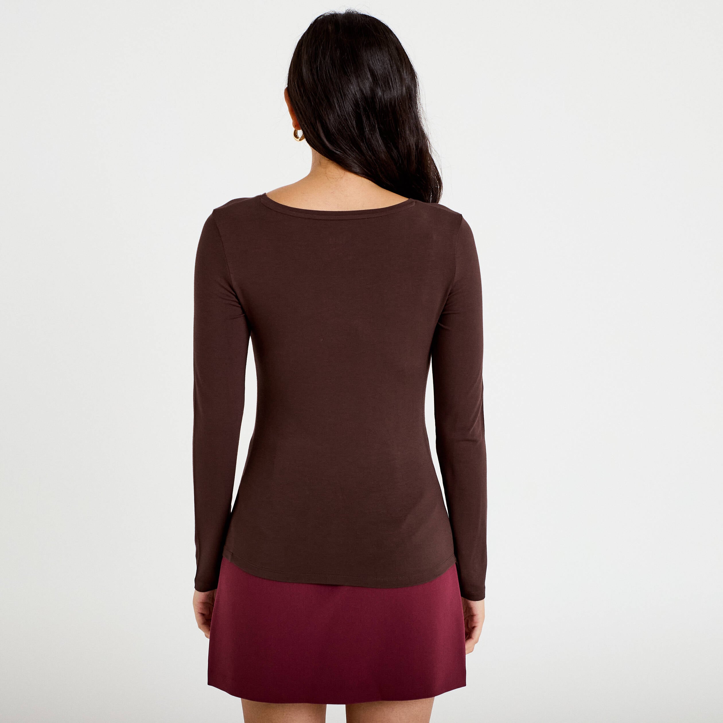 T-shirt uni &agrave; manches longues marron fonc&eacute; femme