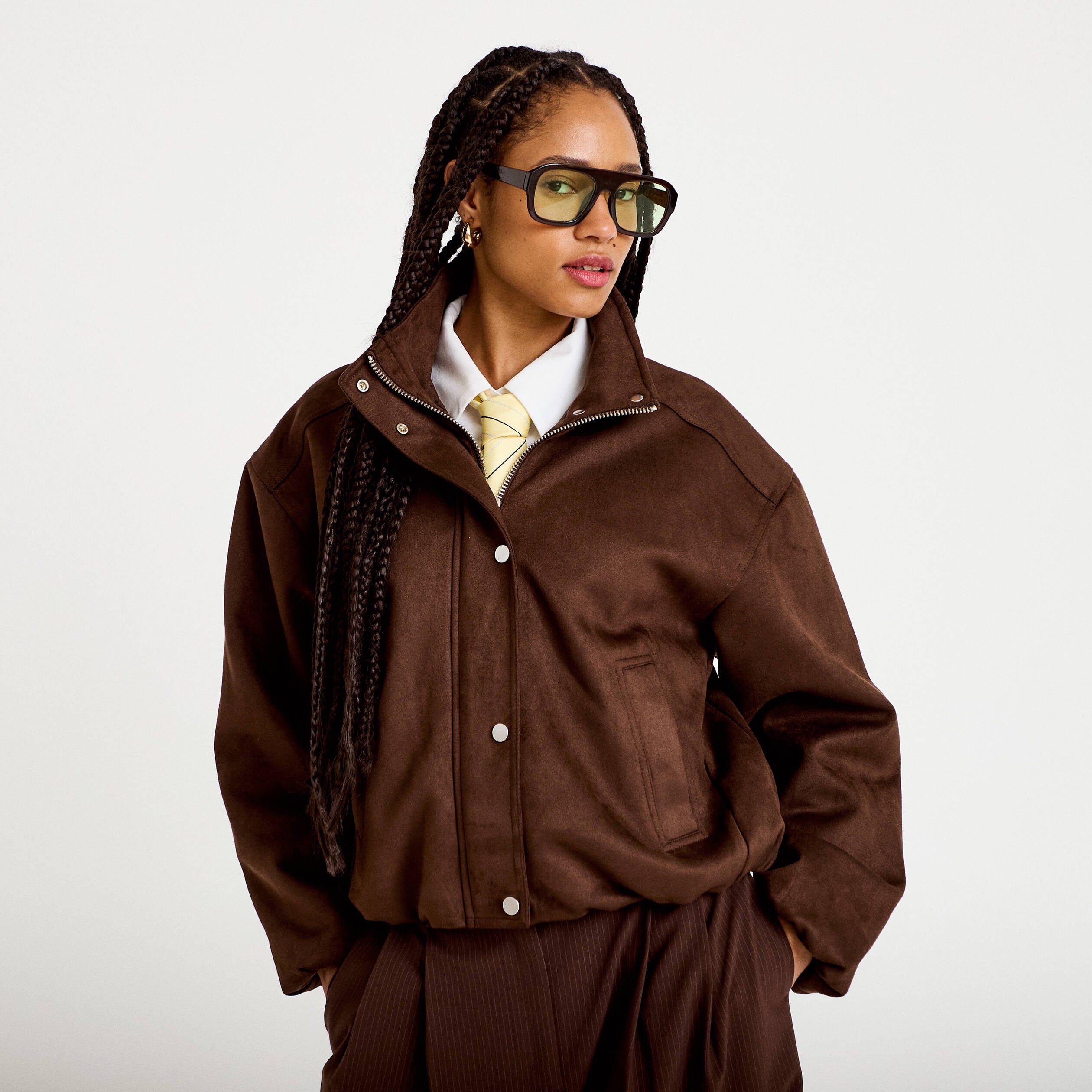 Veste effet boule col montant marron chocolat femme