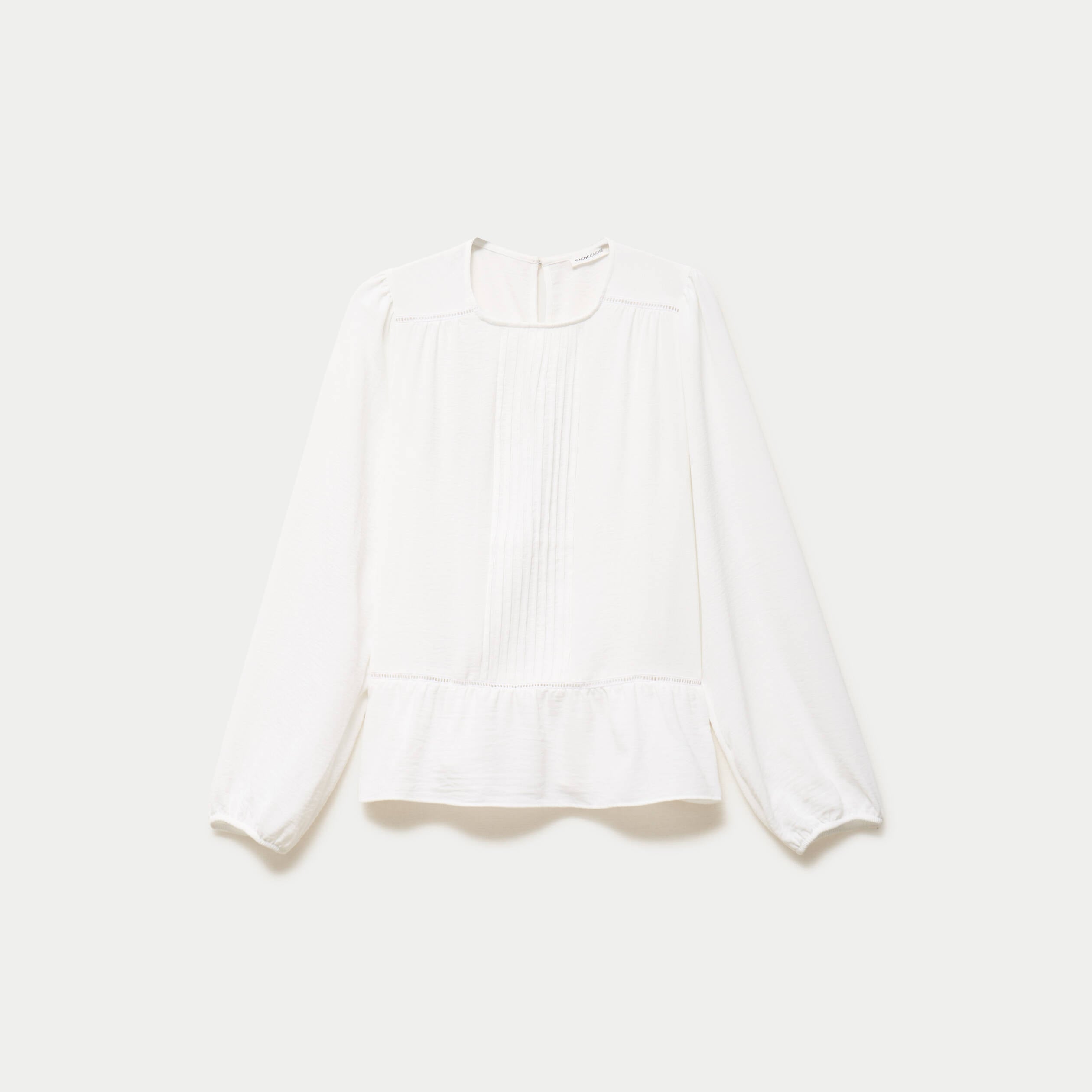 Blouse ajour&eacute;e col rond manches longues ecru femme