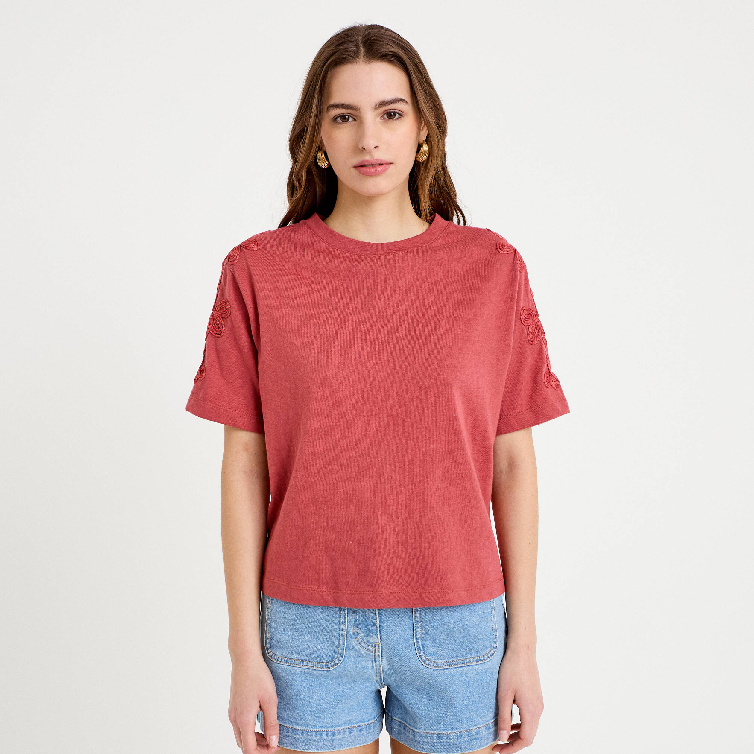 T-shirt col rond manches courtes brod&eacute; vieux rose femme