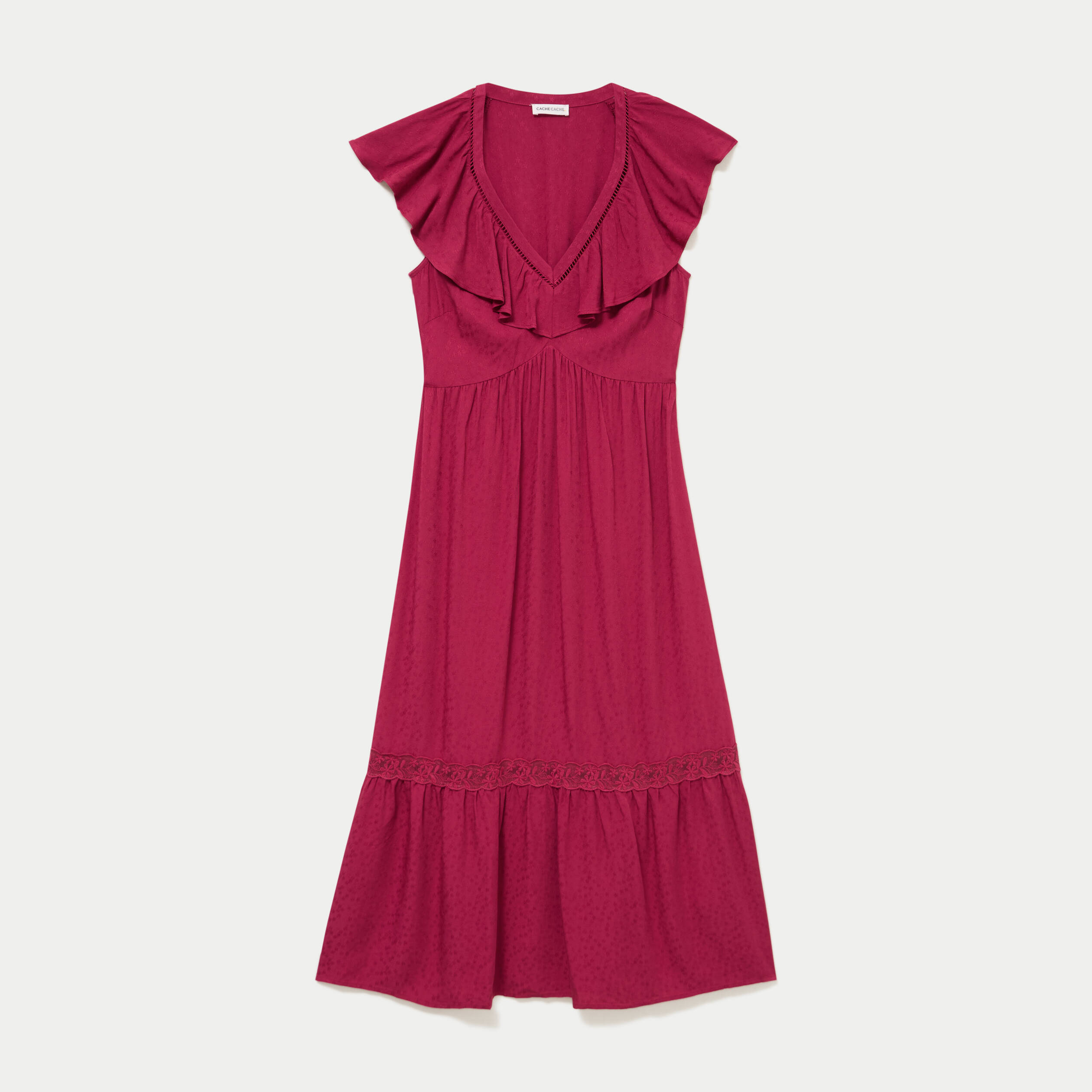 Robe longue &eacute;vas&eacute;e col v manches courtes rouge femme