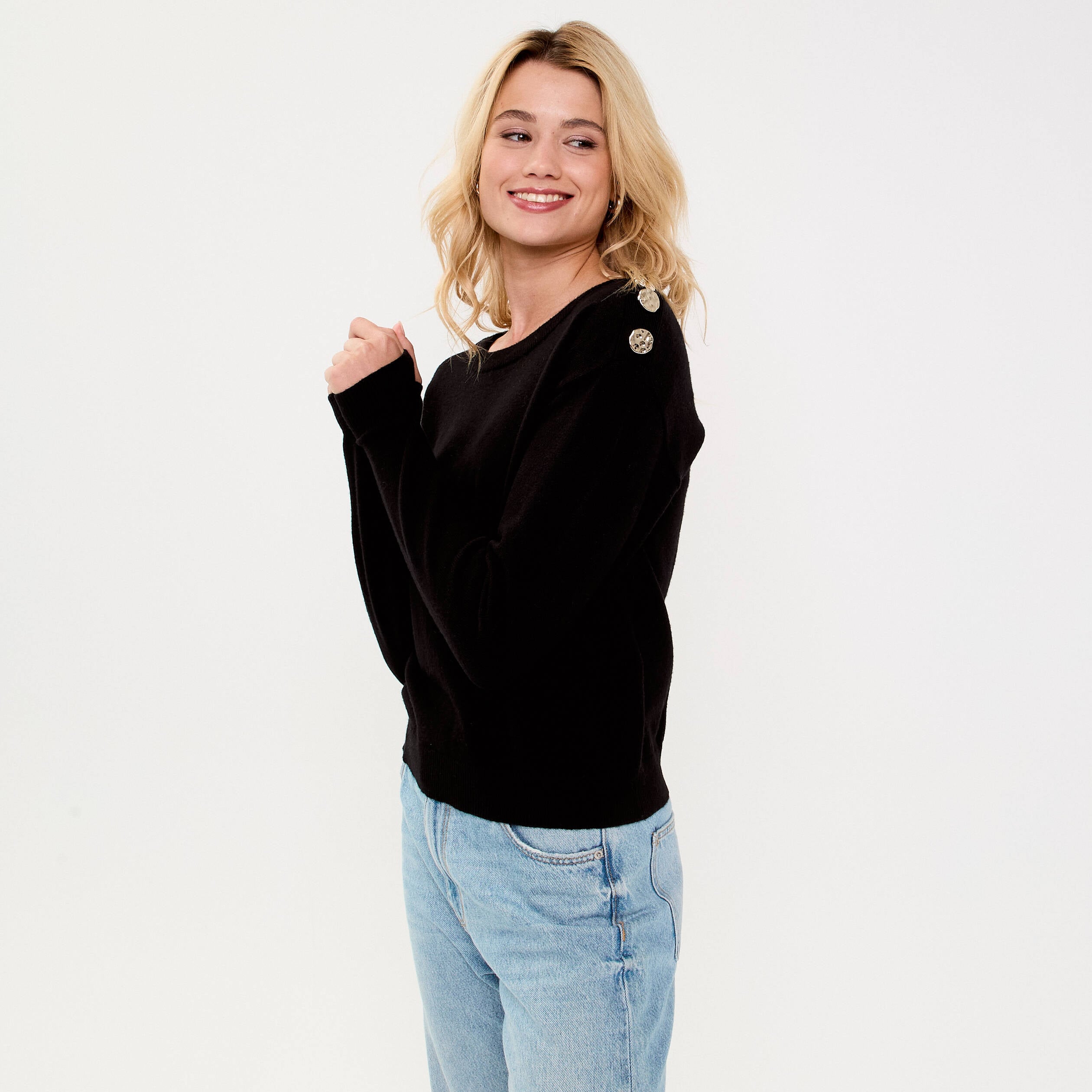Pull fin col rond manches longues noir femme