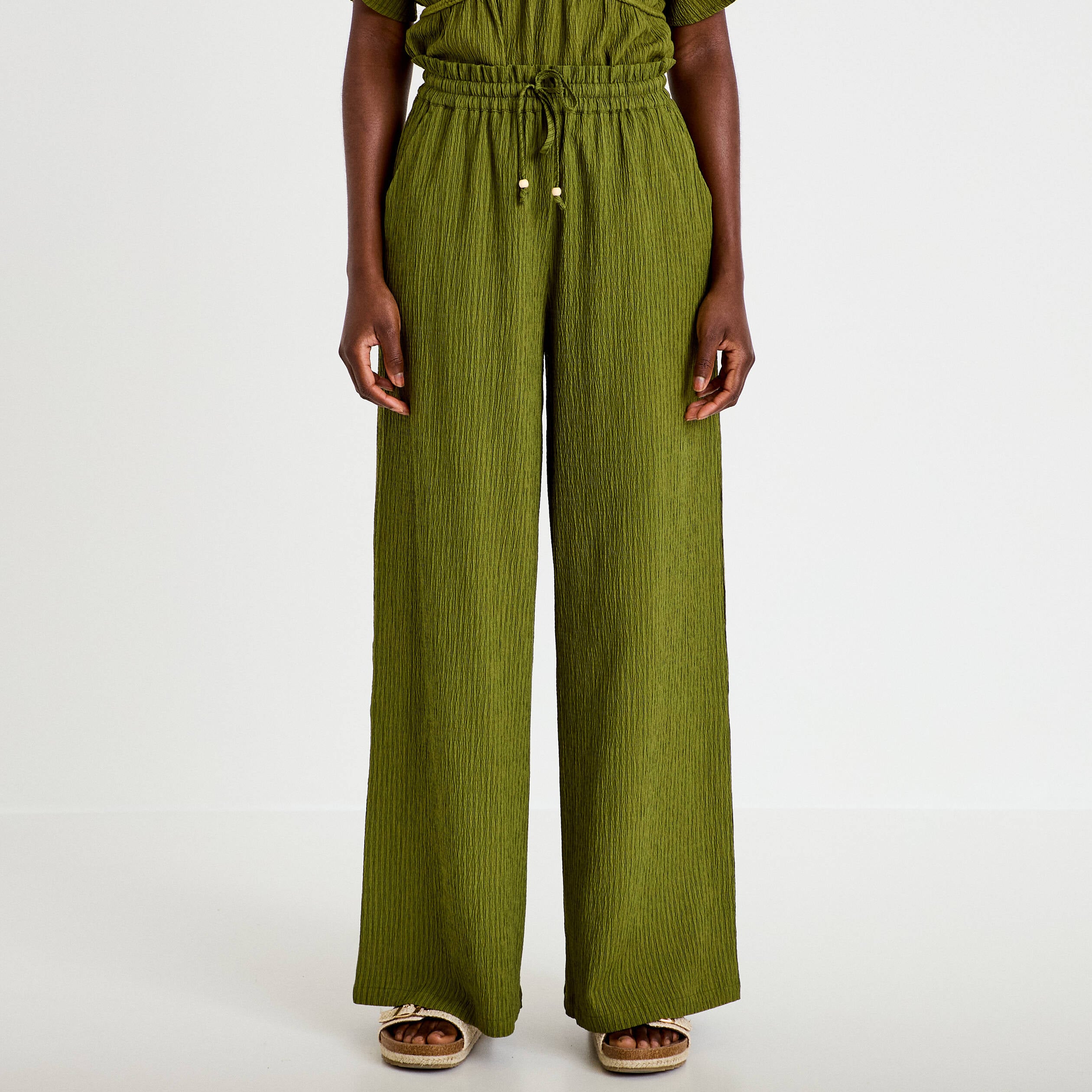 Pantalon large fluide taille haute vert kaki femme