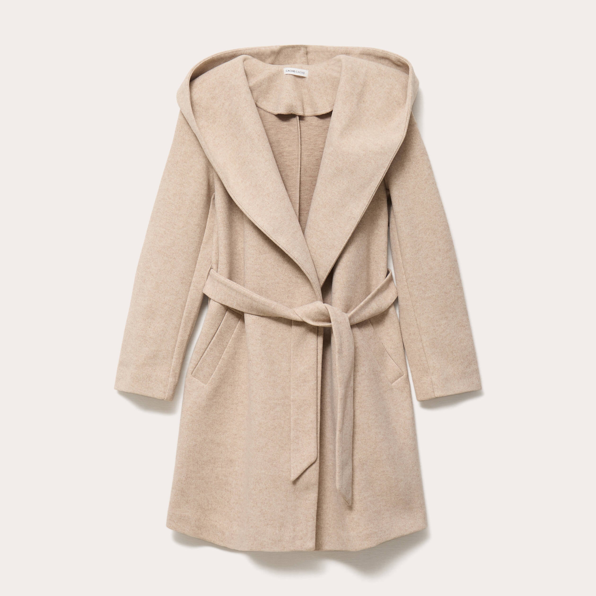 Manteau ceintur&eacute; &agrave; capuche beige femme