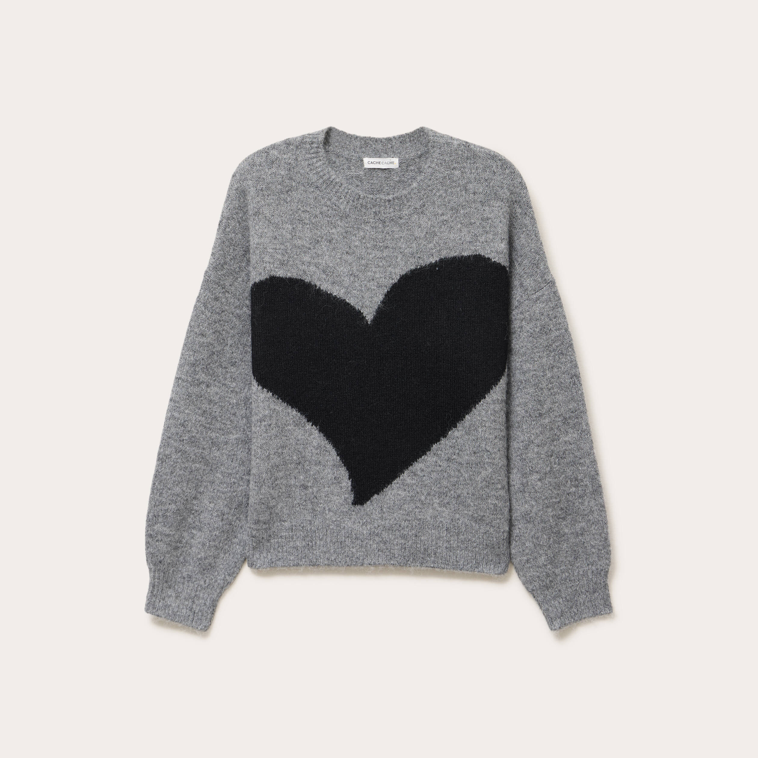 Pull col rond manches longues gris fonc&eacute; femme