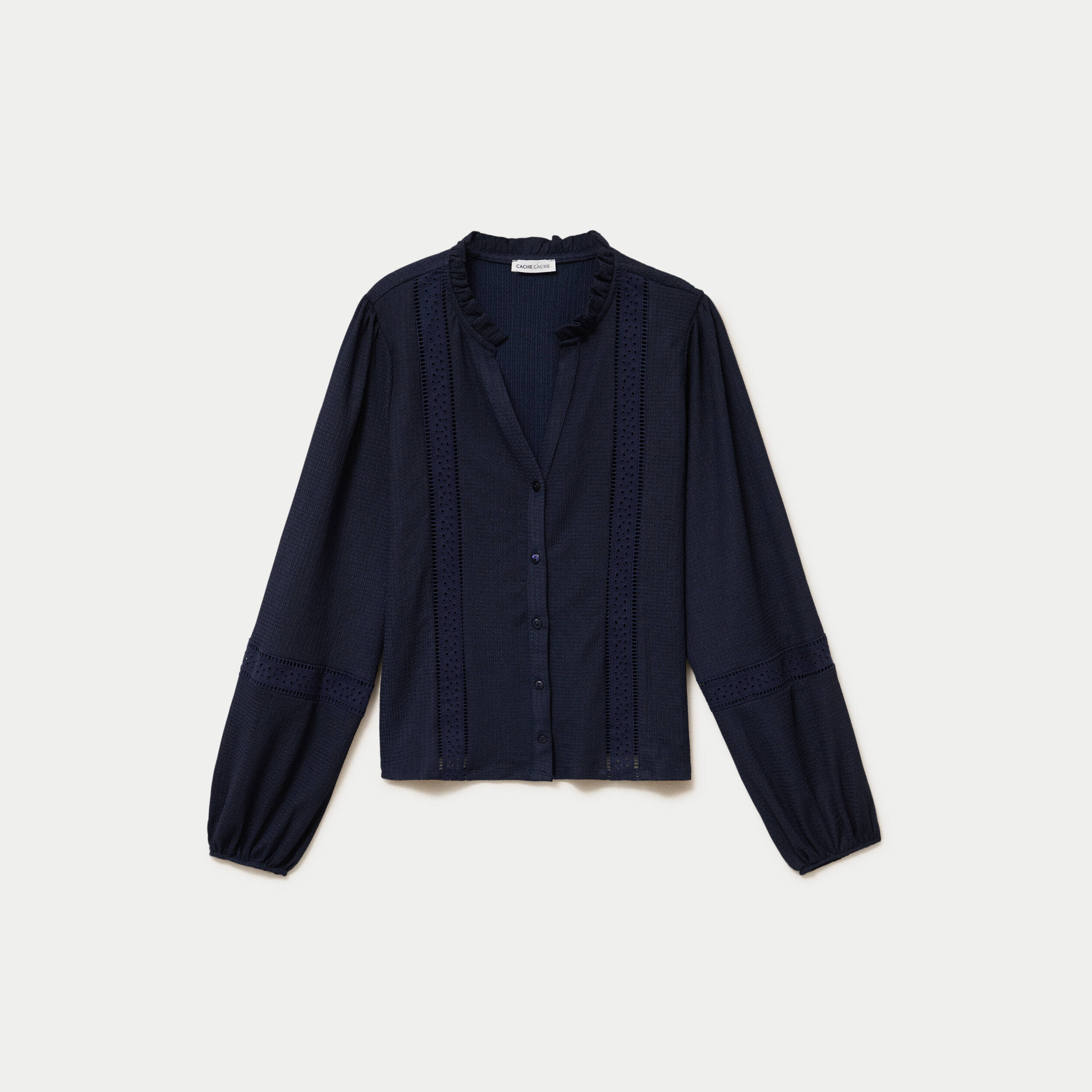 Blouse broderie col V manches longues bleu marine femme