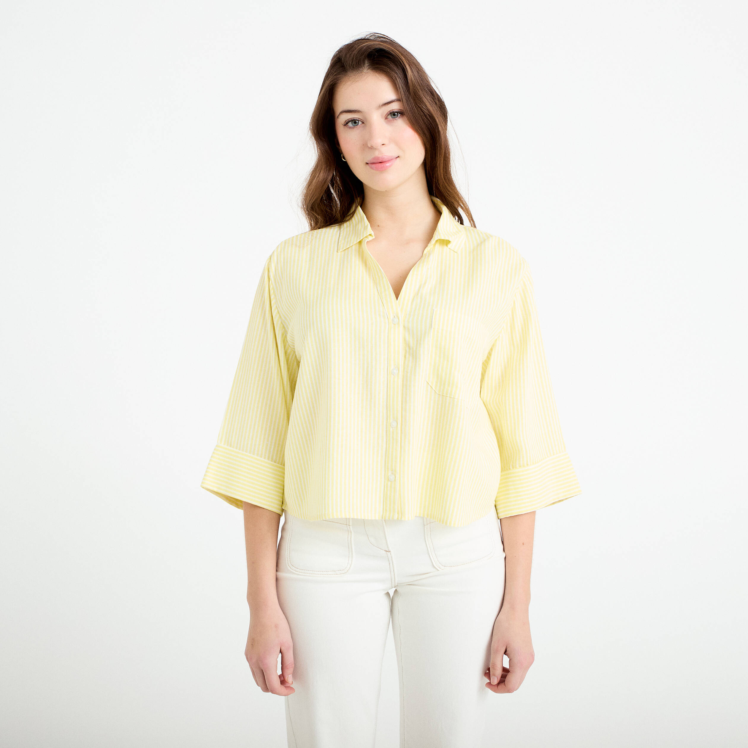 Chemise col classique manches 3/4 jaune clair femme
