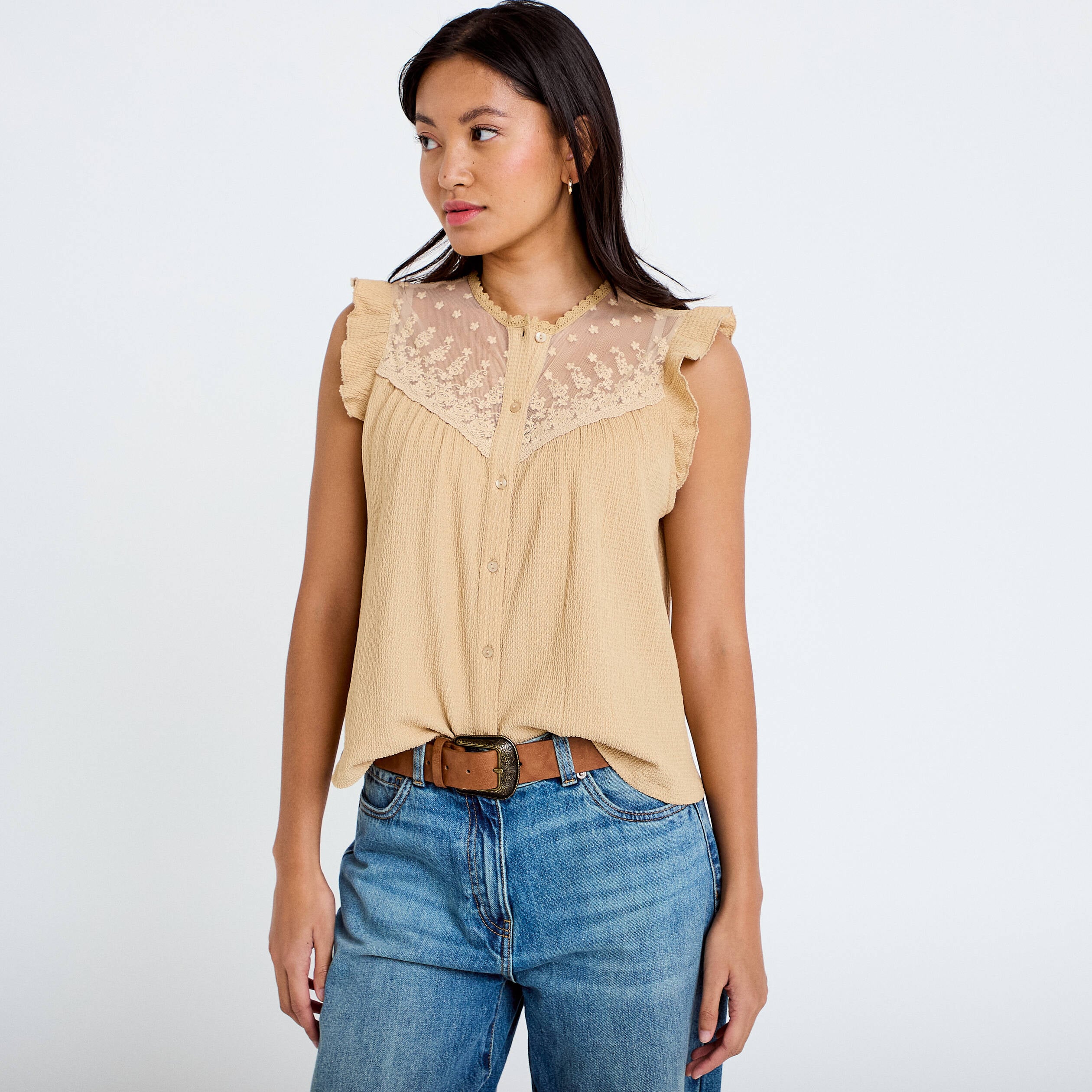 Blouse sans manches col rond beige femme