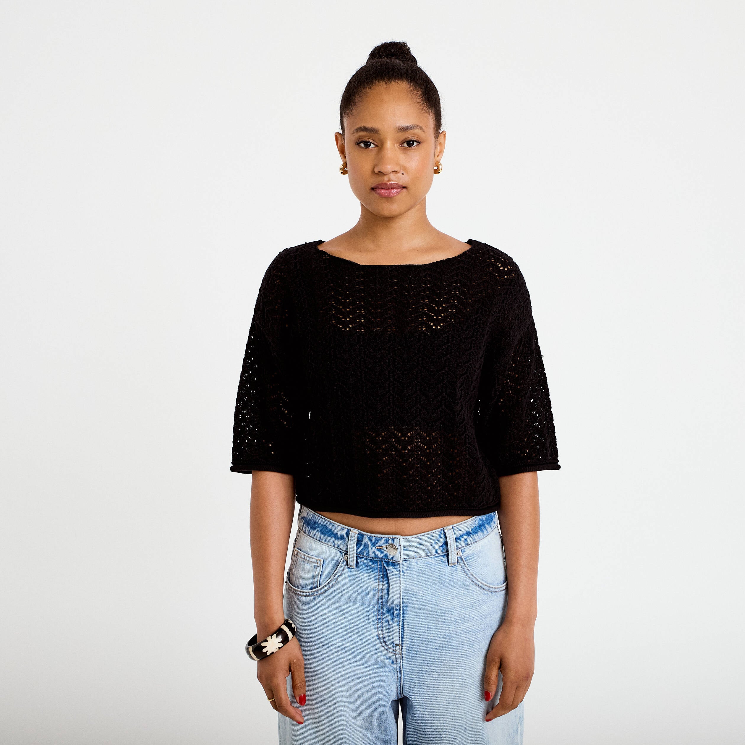 Pull ajour&eacute; aspect dentelle col rond noir femme