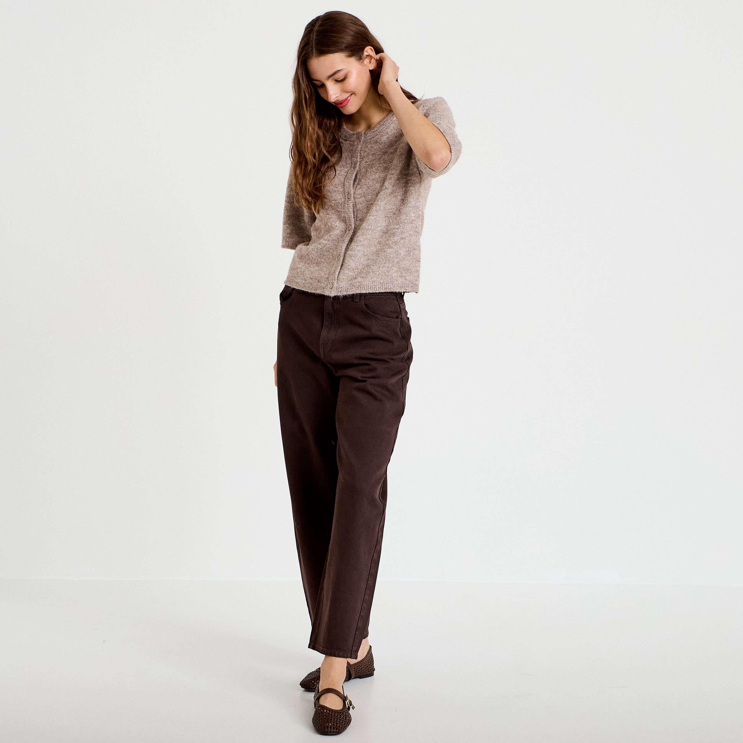 Jean barrel taille standard marron fonc&eacute; femme