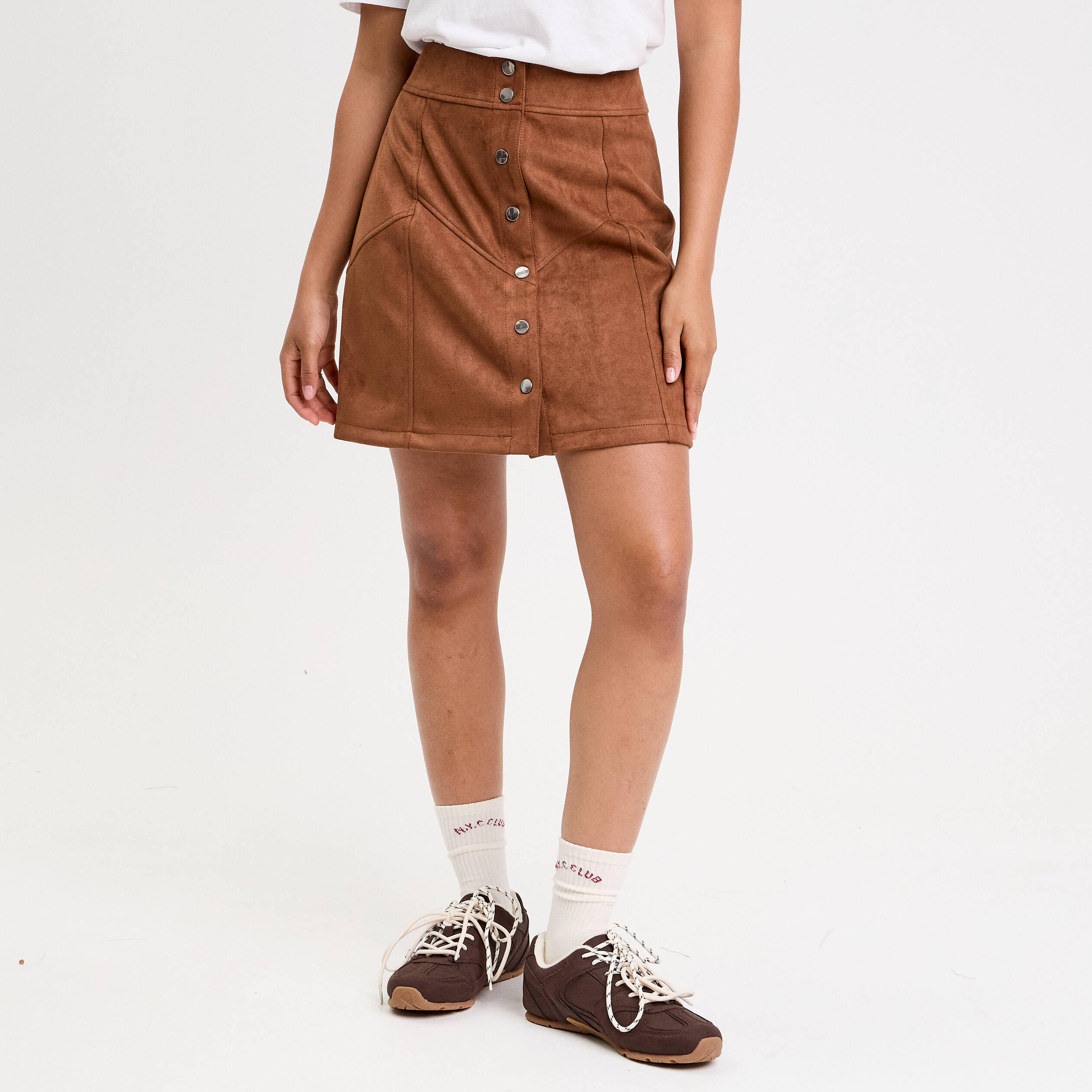 Jupe trap&egrave;ze courte aspect daim marron femme
