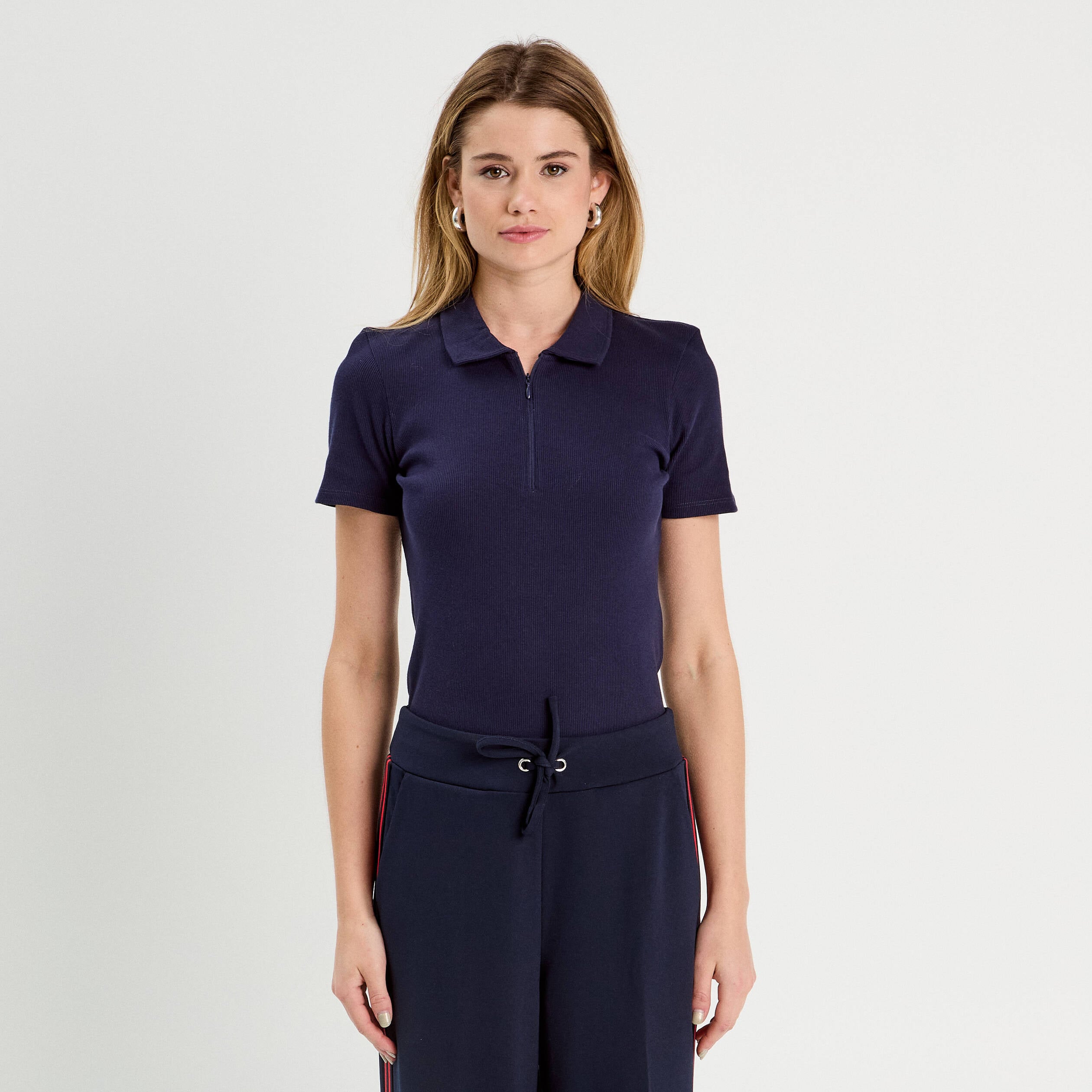 Polo manches courtes zipp&eacute; bleu marine femme