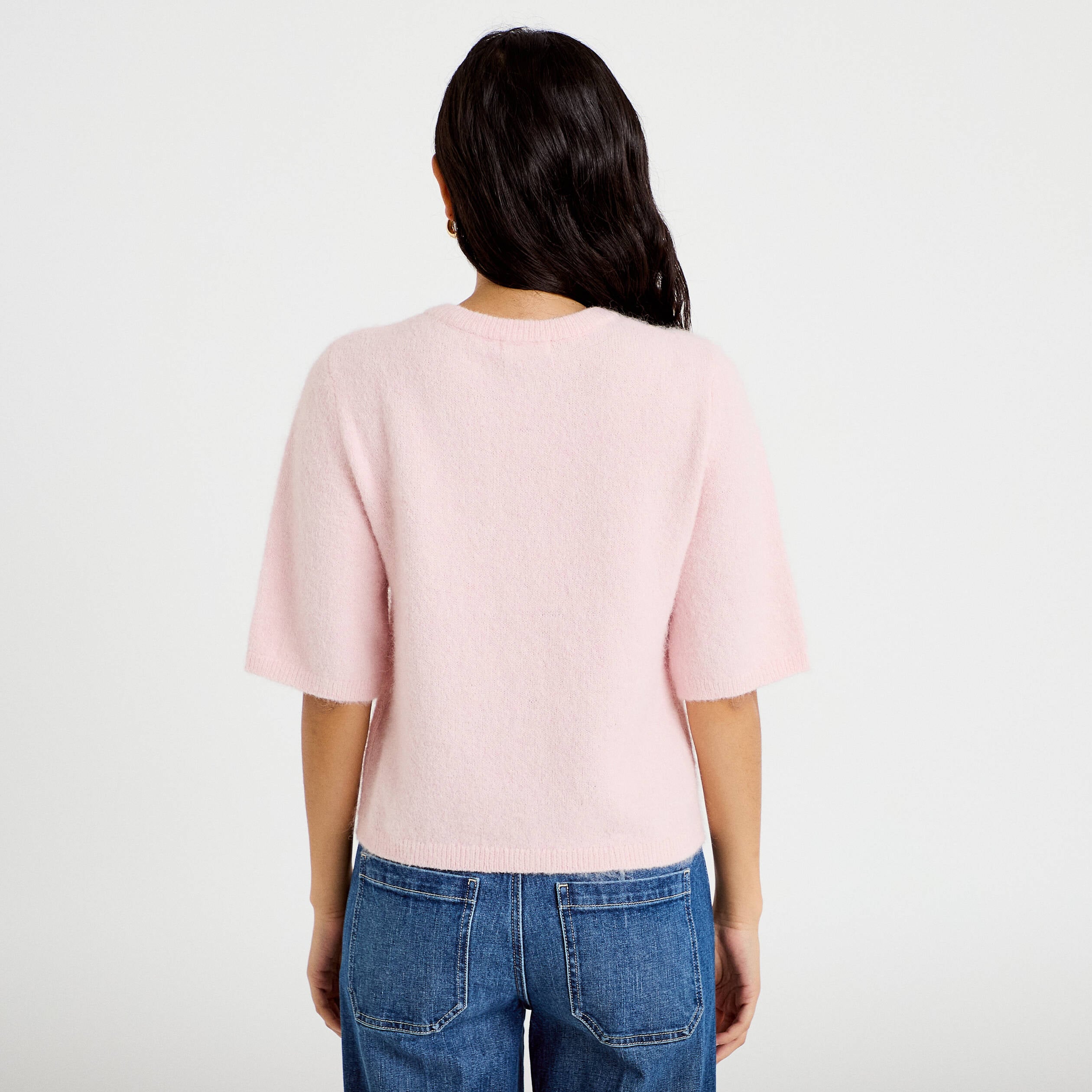 Gilet duveteux manches 3/4 rose clair femme